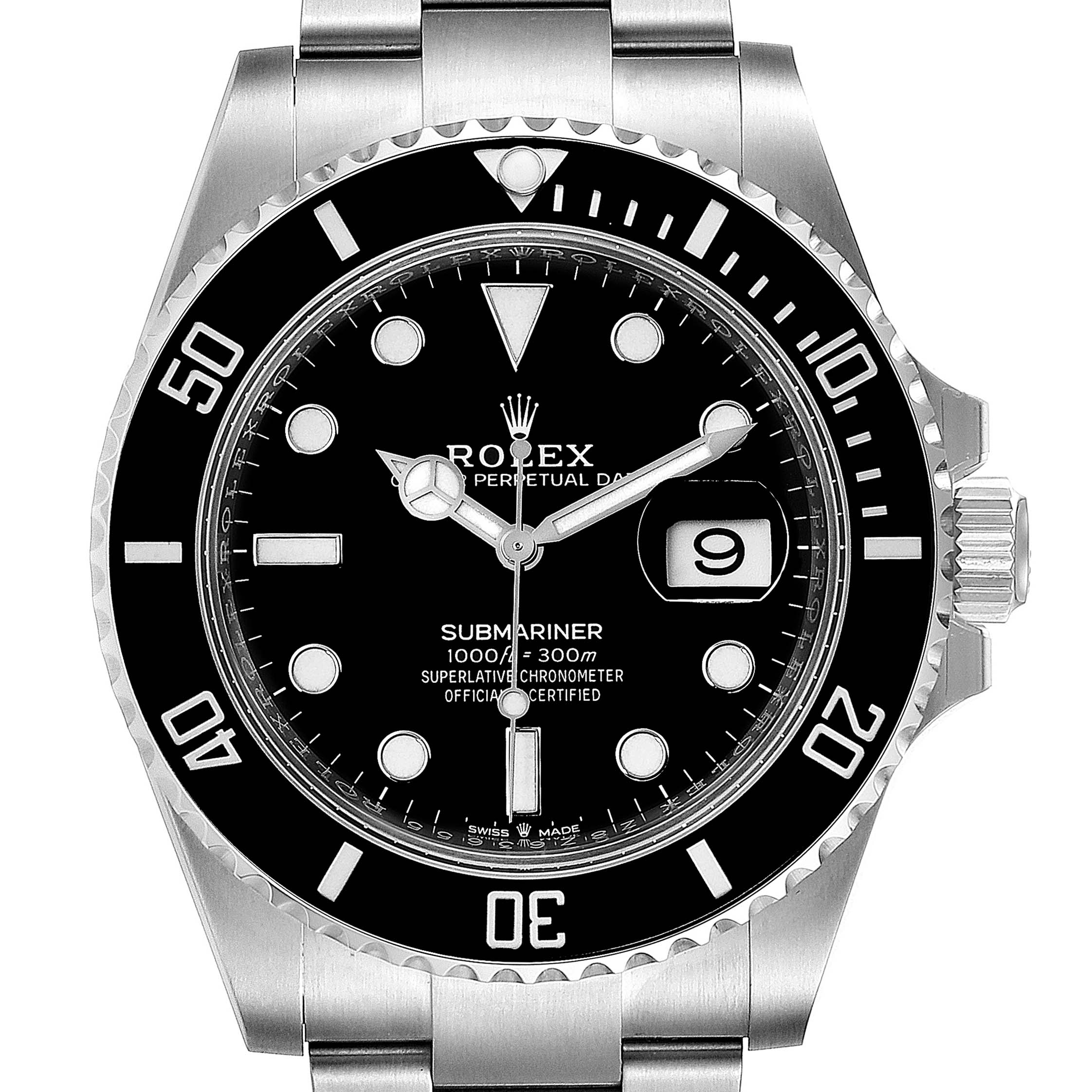 The image shows a front view of the Rolex Submariner 126610LN Men
s Stainless Steel Black Dial 126610LN Men
s Stainless Steel Black Dial watch, displaying the dial, bezel, and part of the bracelet.