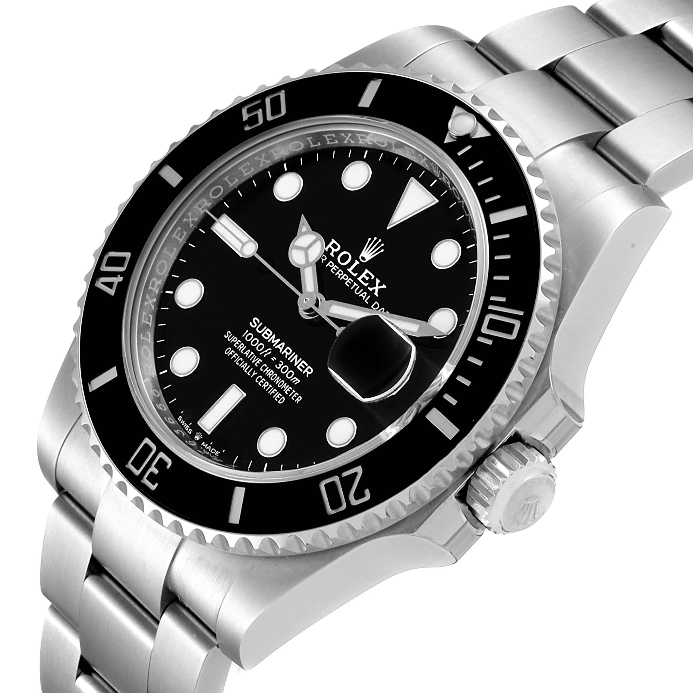 This image shows a Rolex Submariner 126610LN Men
s Stainless Steel Black Dial 126610LN Men
s Stainless Steel Black Dial watch from an angled front view, highlighting its dial, bezel, and bracelet.