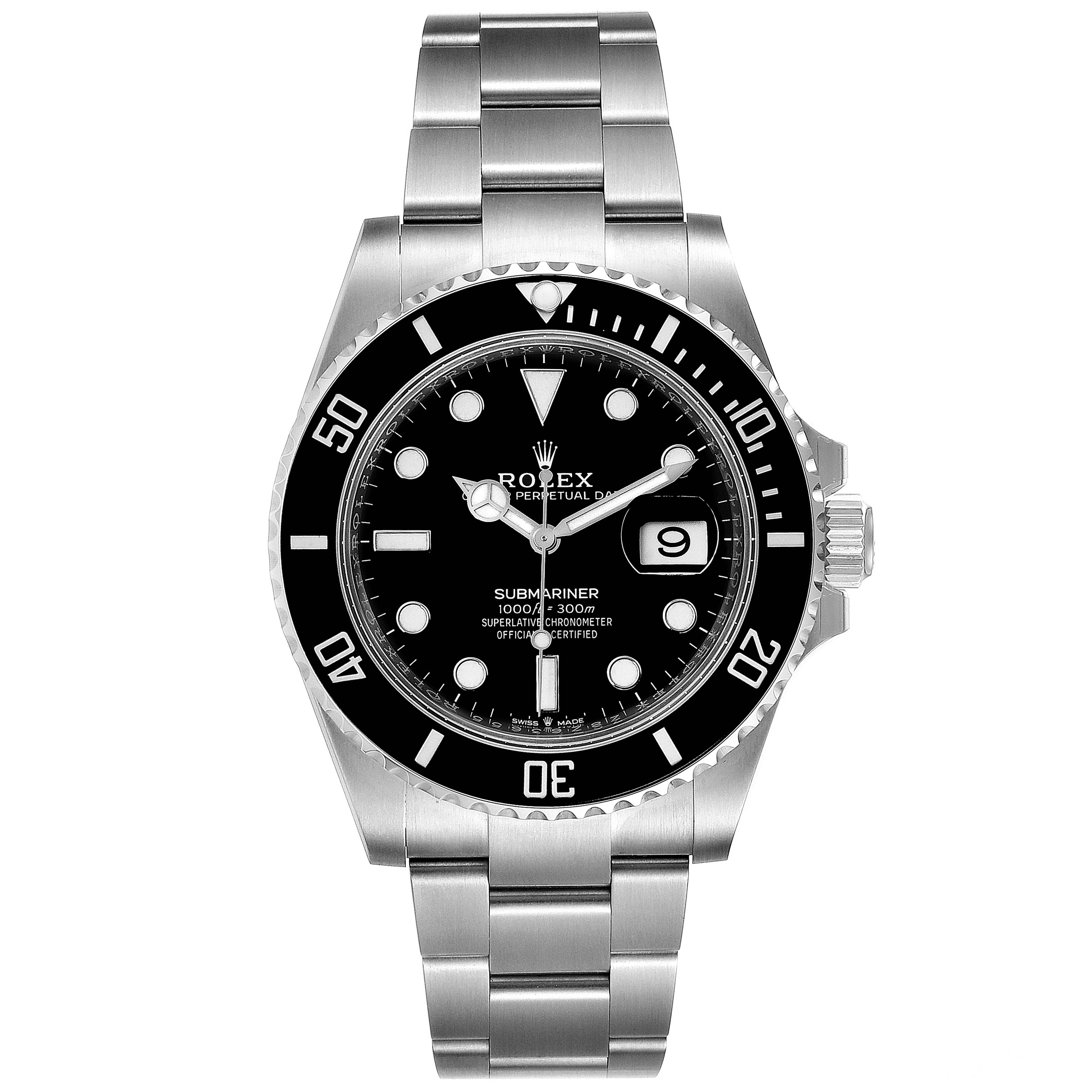 This image shows a front view of a Rolex Submariner 126610LN Men
s Stainless Steel Black Dial 126610LN Men
s Stainless Steel Black Dial watch, displaying its face, bezel, date window, and bracelet.