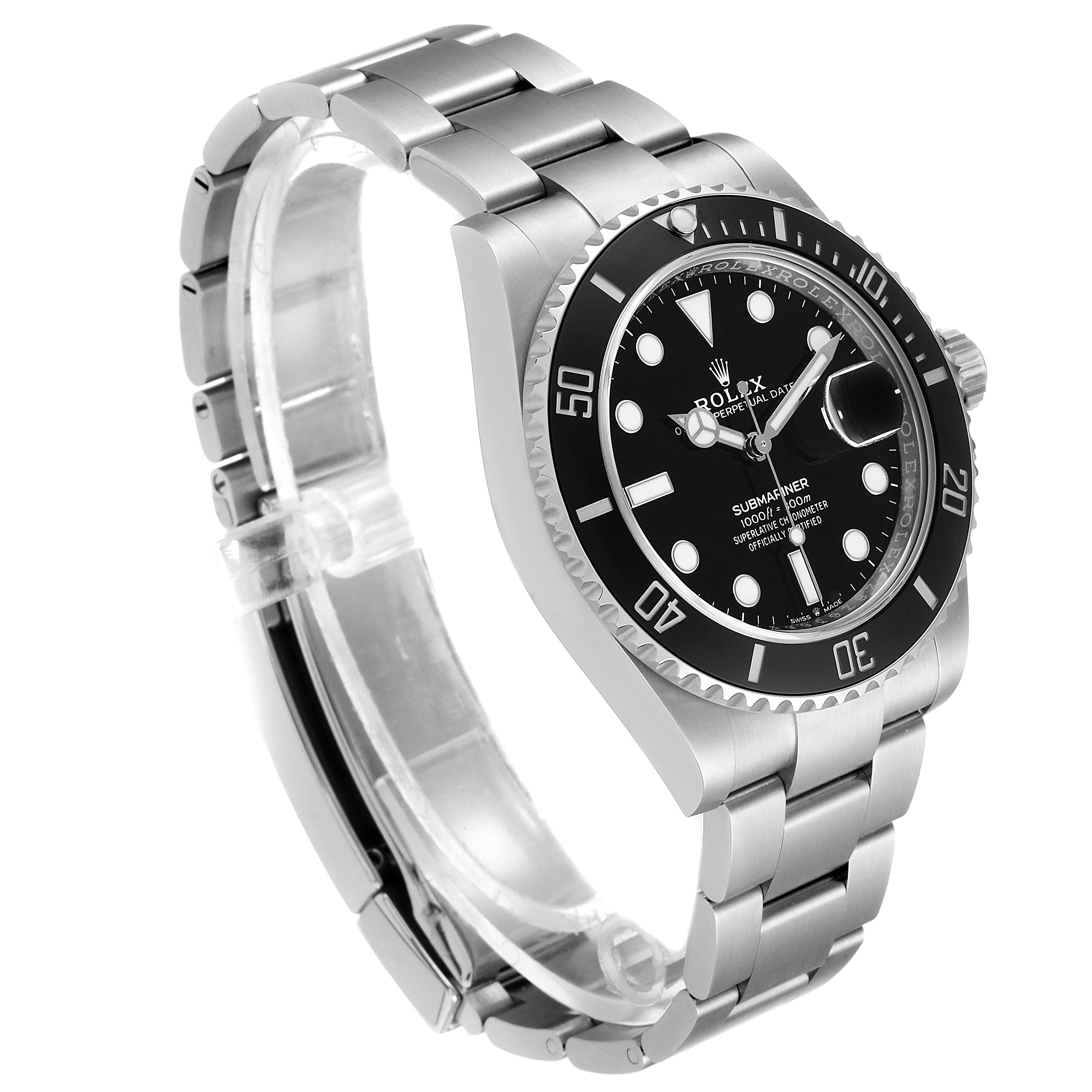 The Rolex Submariner 126610LN Men
s Stainless Steel Black Dial 126610LN Men
s Stainless Steel Black Dial watch is shown at a three-quarter angle, displaying the bezel, dial, and stainless steel bracelet.