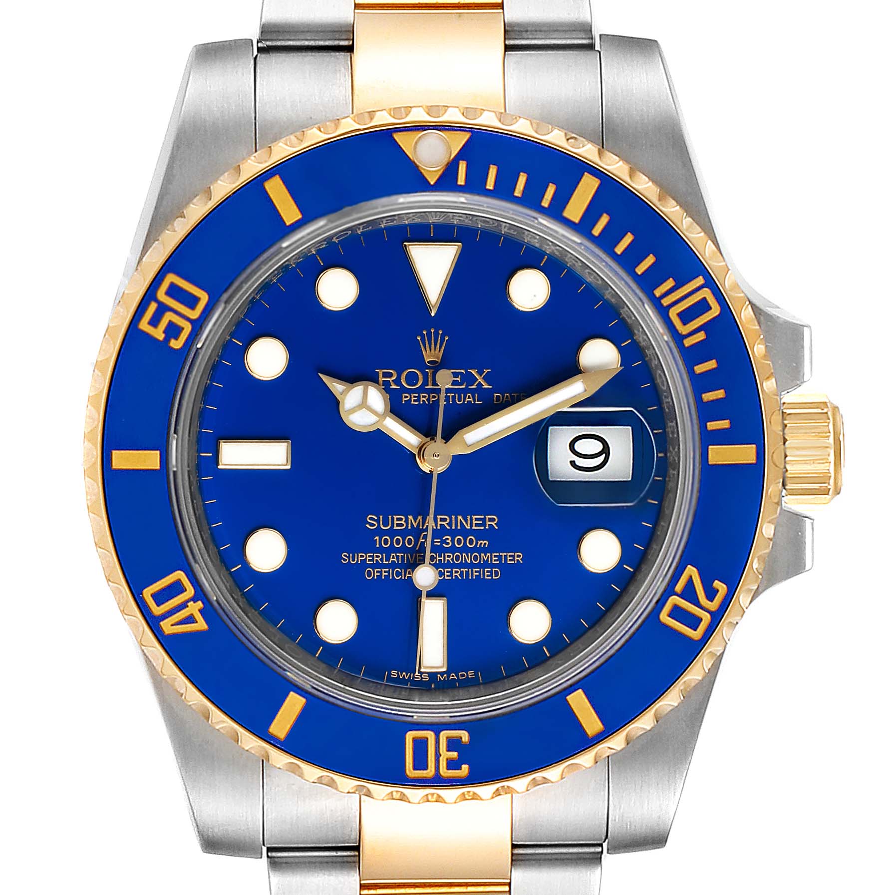 The image shows a front view of the Rolex Submariner 116613 Men's Steel and Gold (two tone) Blue Dial 116613 Men's Steel and Gold (two tone) Blue Dial watch, highlighting its blue dial, bezel, and date display.