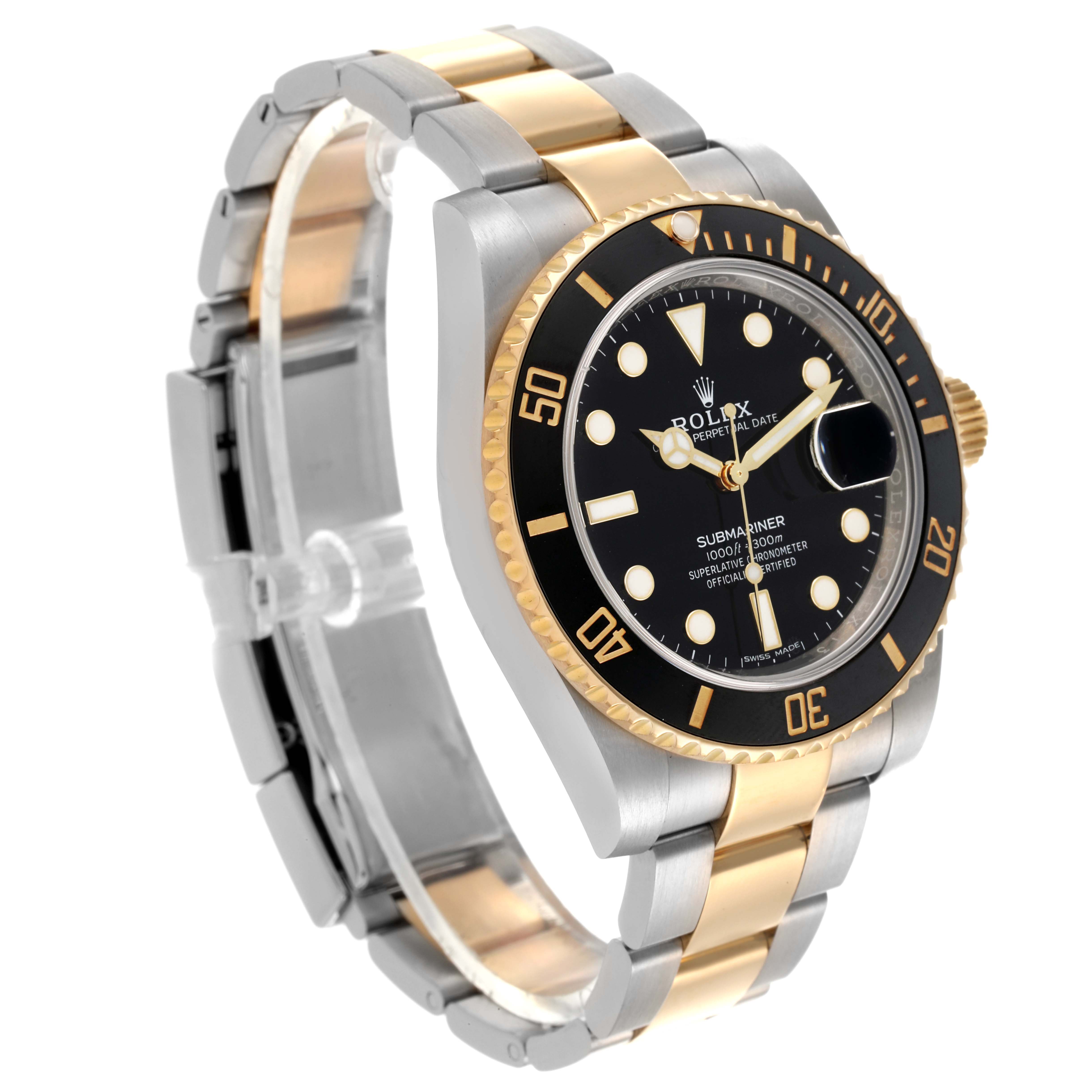 The Rolex Submariner 116613LN Men's Steel and Gold (two tone) Black Dial 116613LN Men's Steel and Gold (two tone) Black Dial is shown at an angled side view, highlighting the bezel, dial, and two-tone bracelet.
