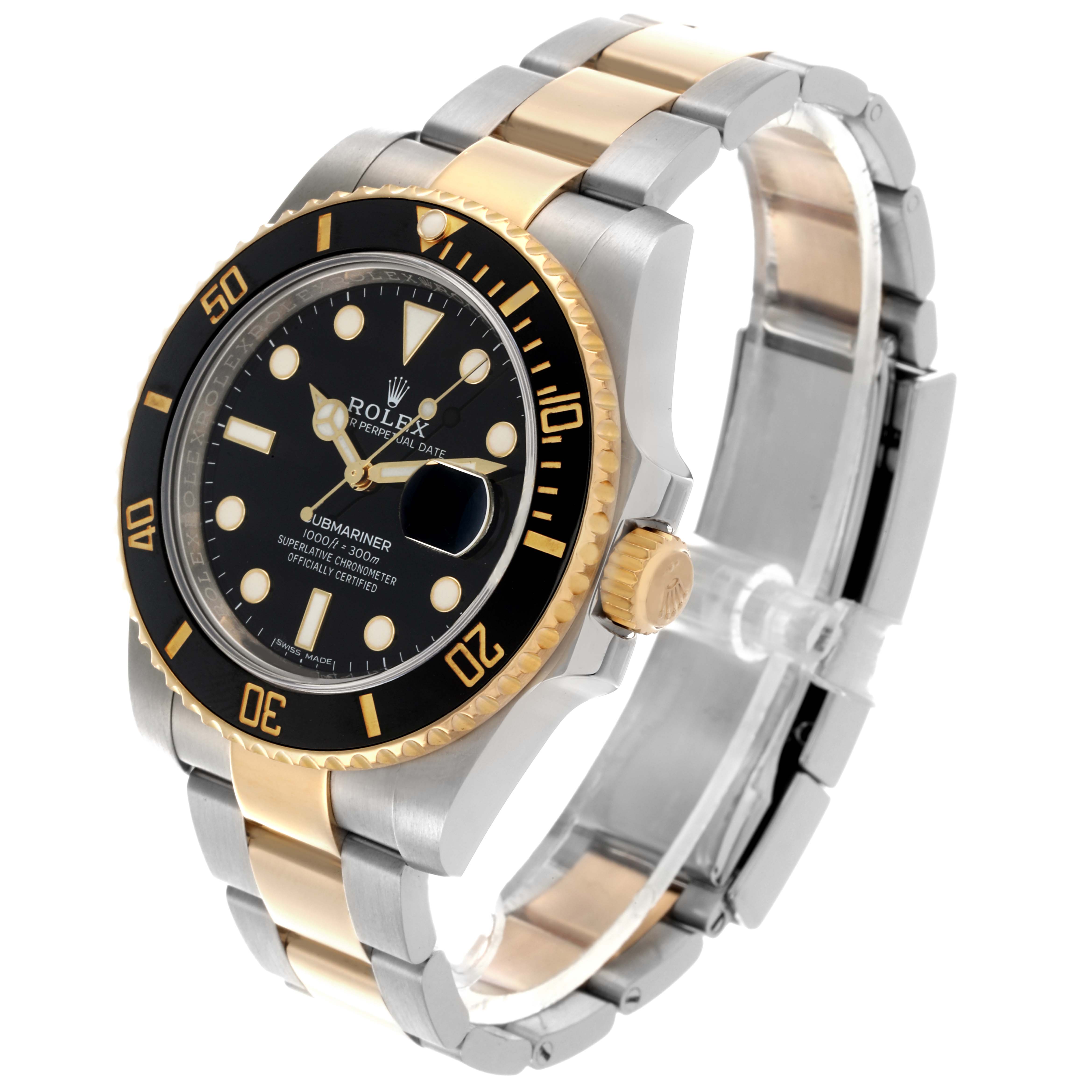 The Rolex Submariner 116613LN Men's Steel and Gold (two tone) Black Dial 116613LN Men's Steel and Gold (two tone) Black Dial is shown at a three-quarter angle, highlighting the bezel, dial, crown, and bracelet.