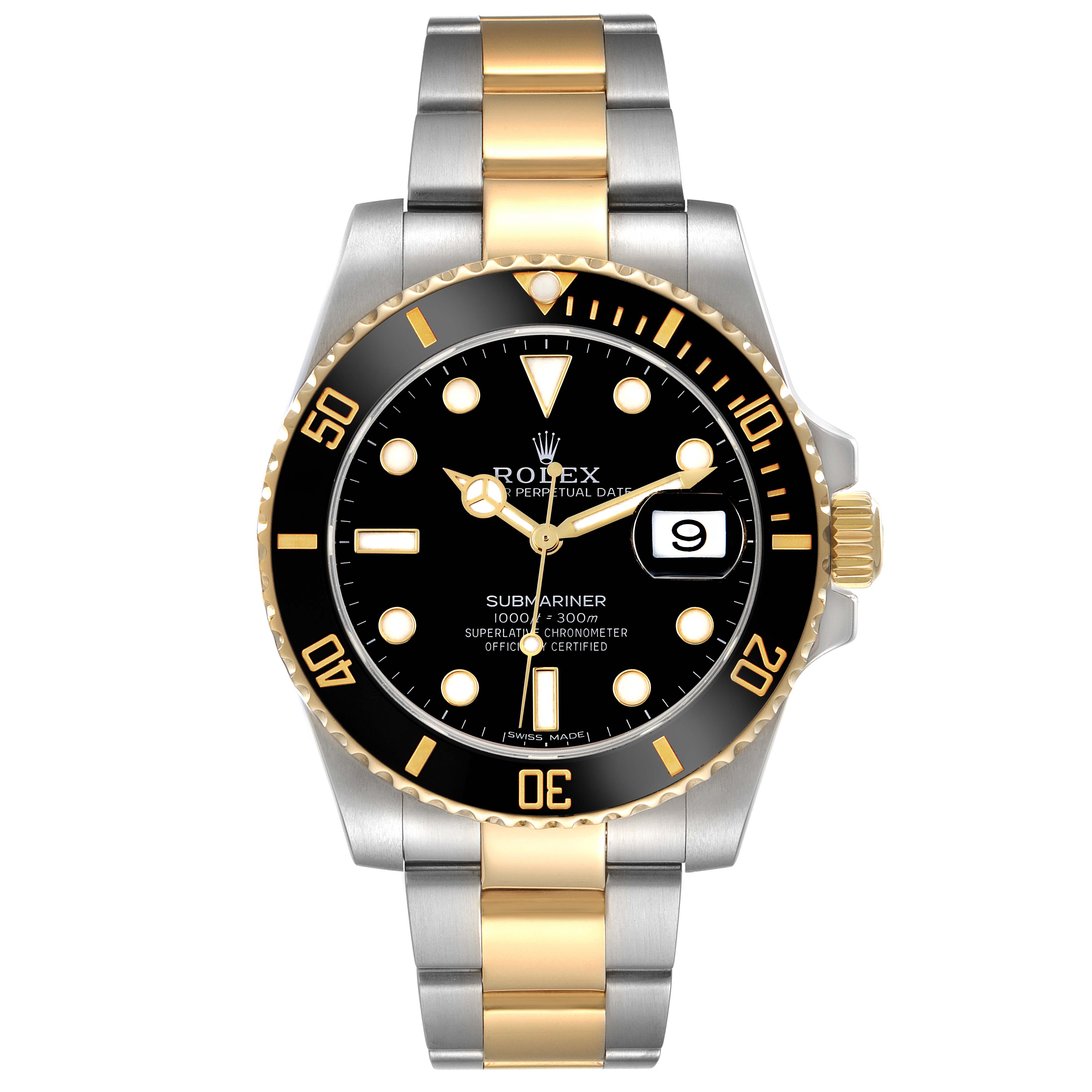 The Rolex Submariner 116613LN Men's Steel and Gold (two tone) Black Dial 116613LN Men's Steel and Gold (two tone) Black Dial watch is shown from a front angle, displaying its bezel, dial, hands, and two-tone bracelet.