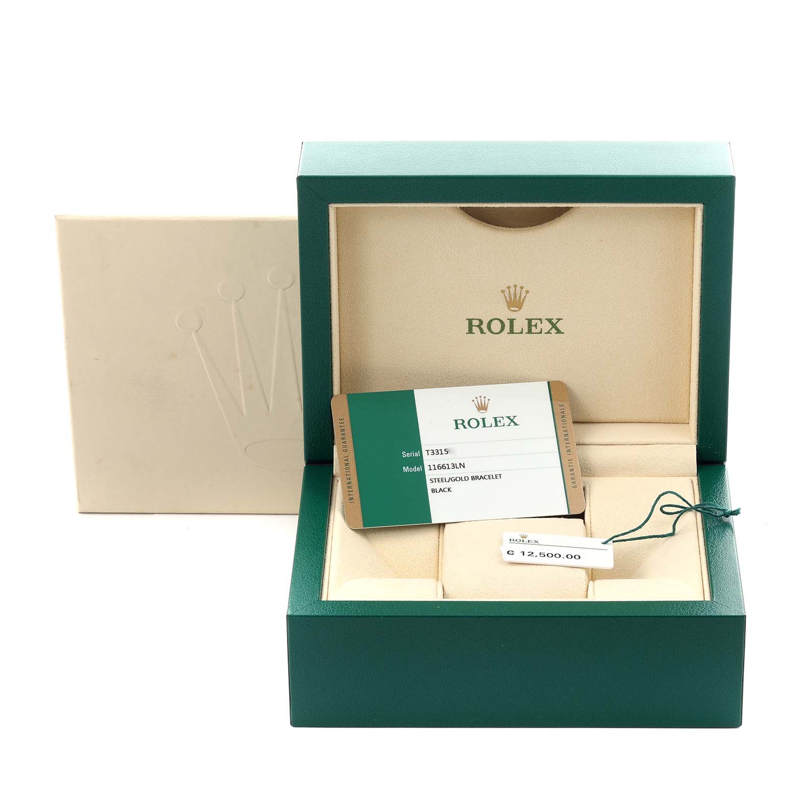 The image shows the packaging and warranty card for a Rolex Submariner 116613LN Men's Steel and Gold (two tone) Black Dial 116613LN Men's Steel and Gold (two tone) Black Dial, presented frontally in its box.