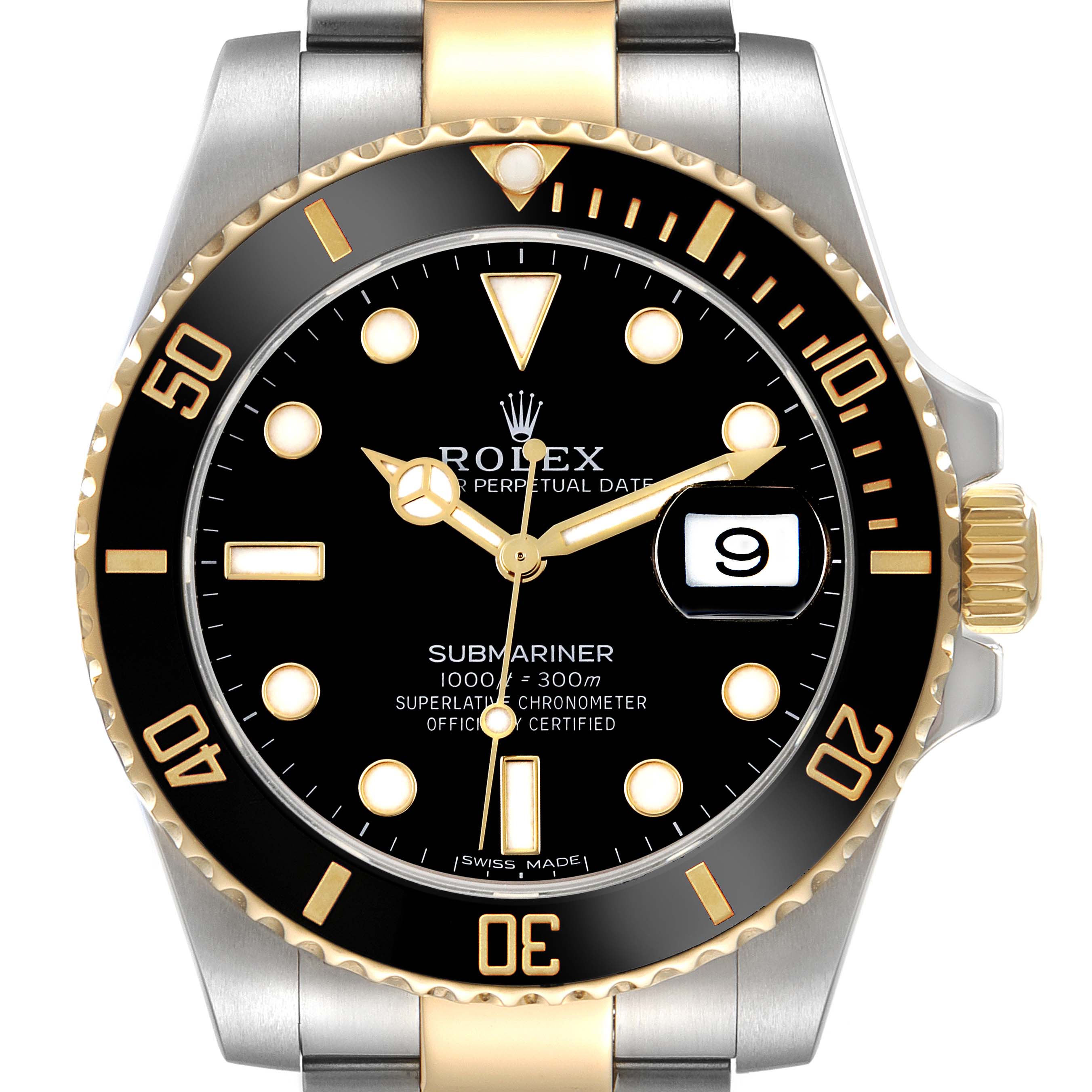 The Rolex Submariner 116613LN Men's Steel and Gold (two tone) Black Dial 116613LN Men's Steel and Gold (two tone) Black Dial is shown from the front, highlighting the dial, bezel, crown, and bracelet.