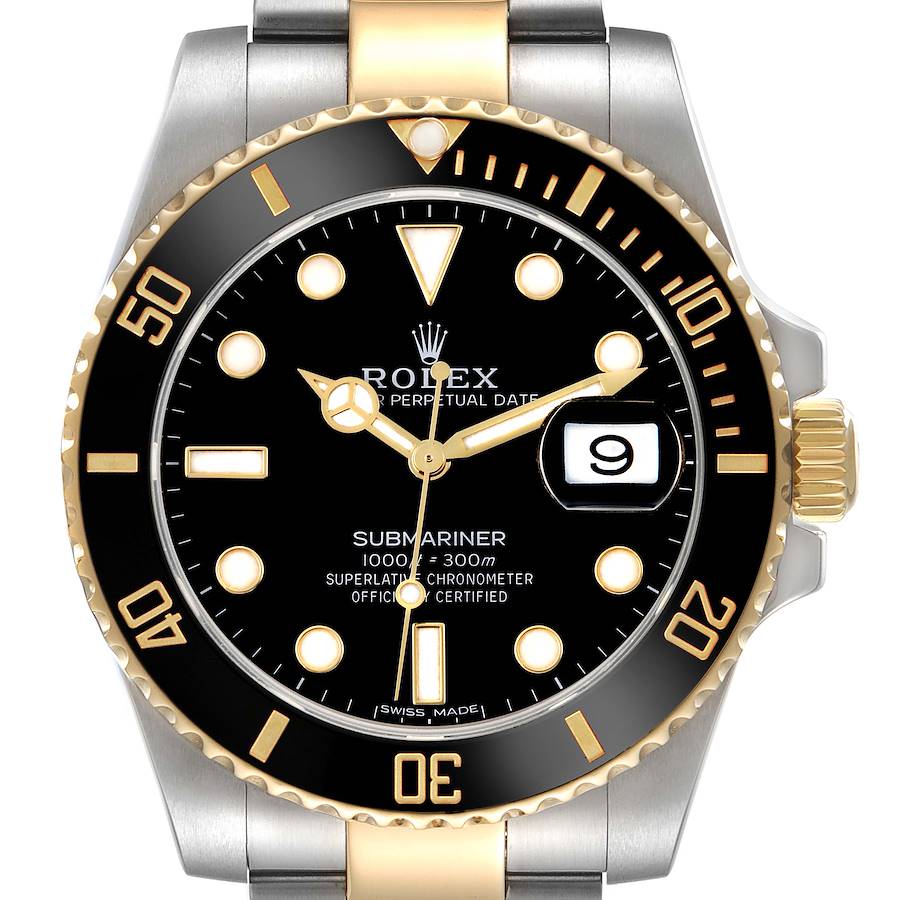 The Rolex Submariner is shown from the front, highlighting the dial, bezel, crown, and bracelet.