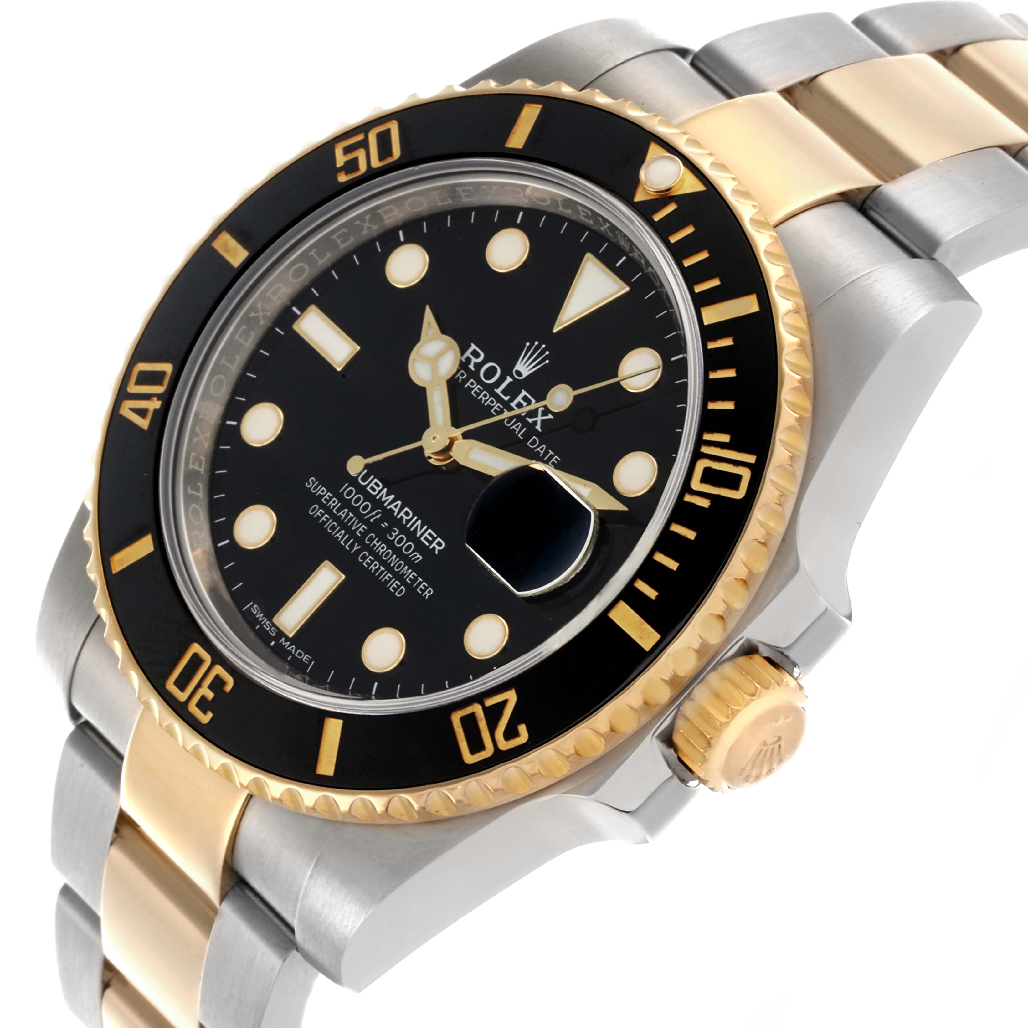 The Rolex Submariner 116613LN Men's Steel and Gold (two tone) Black Dial 116613LN Men's Steel and Gold (two tone) Black Dial watch is shown at an angle displaying the bezel, dial, crown, and two-tone bracelet.