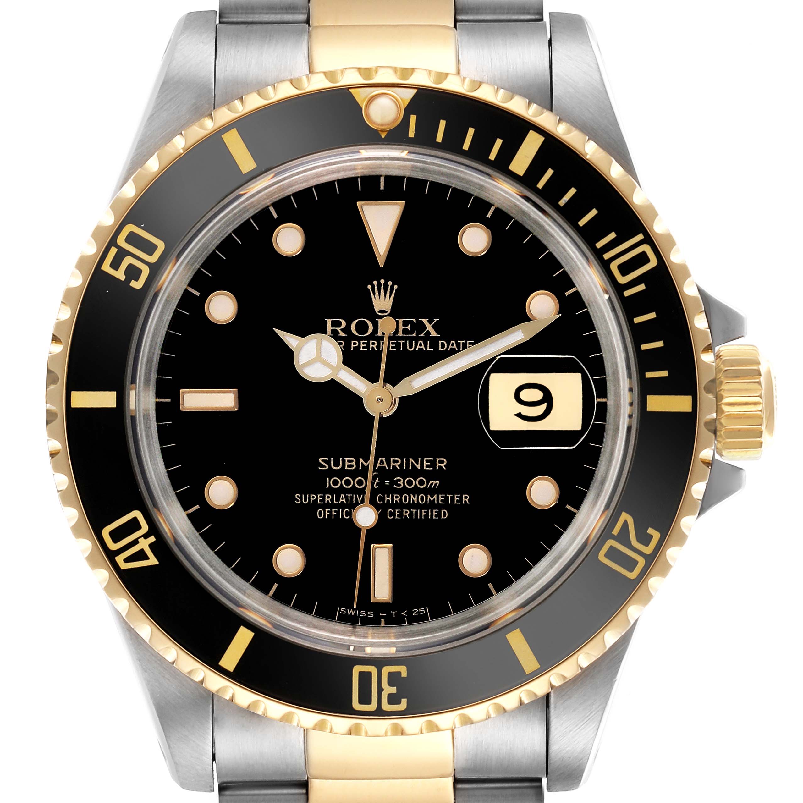 The Rolex Submariner 16613 Men
s Steel and Gold (two tone) Black Dial 16613 Men
s Steel and Gold (two tone) Black Dial watch is shown from the front, highlighting the face, bezel, crown, and bracelet top.