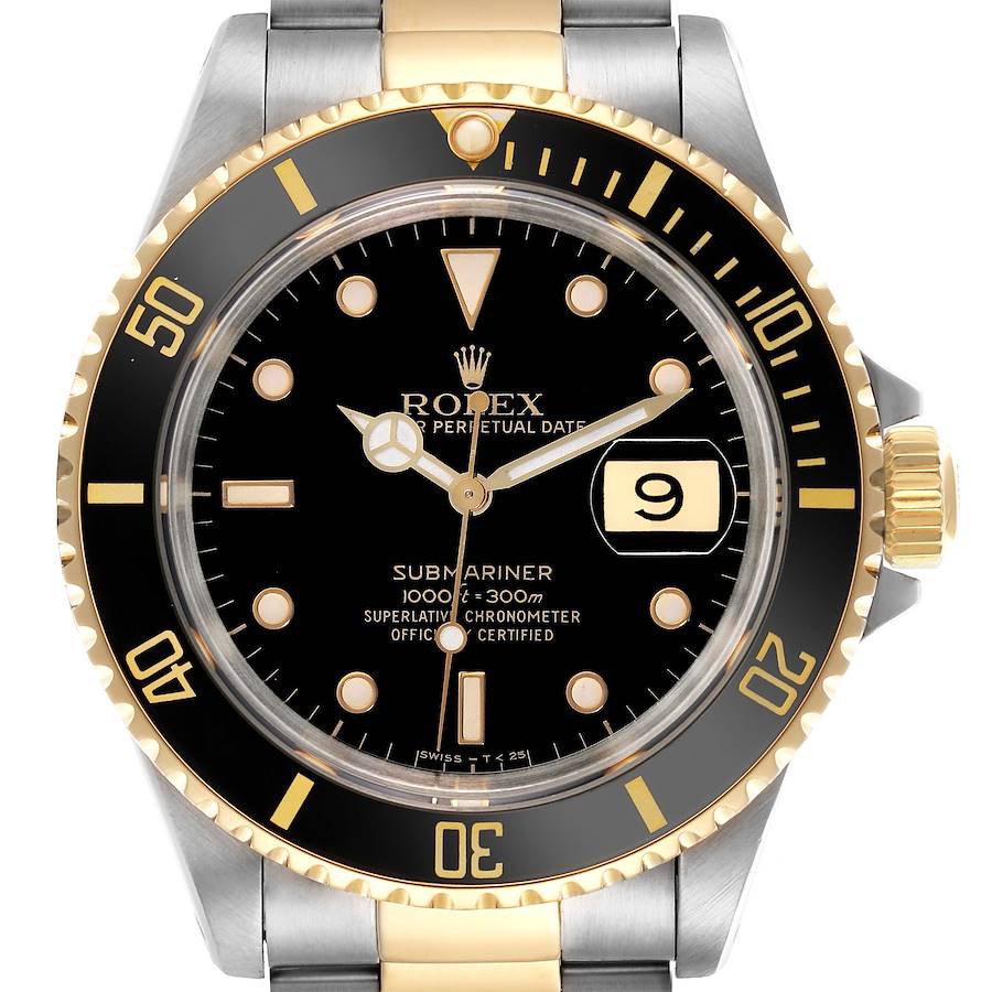 The Rolex Submariner watch is shown from the front, highlighting the face, bezel, crown, and bracelet top.