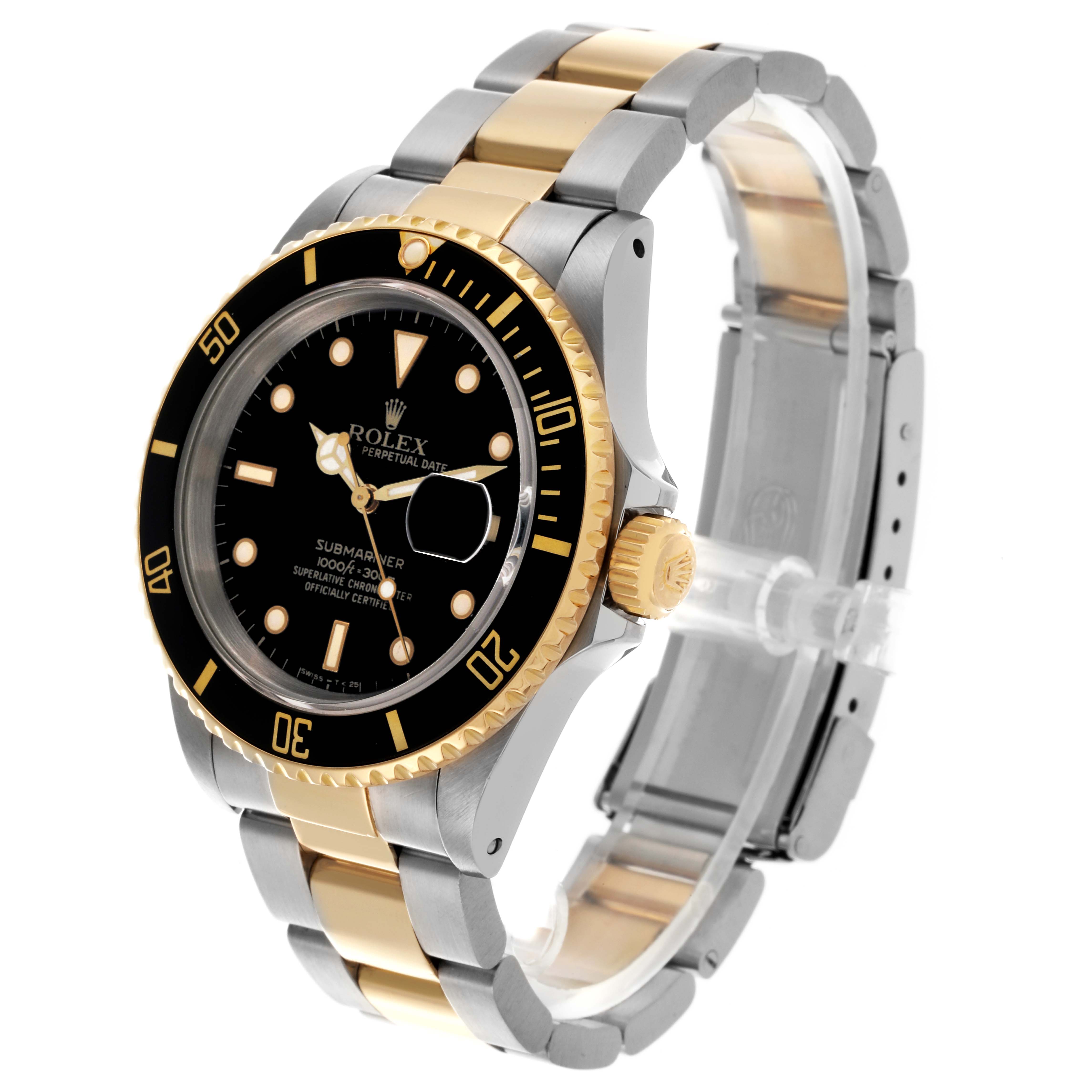 The Rolex Submariner 16613 Men
s Steel and Gold (two tone) Black Dial 16613 Men
s Steel and Gold (two tone) Black Dial is shown at a three-quarter angle highlighting the face, bezel, crown, and bracelet.