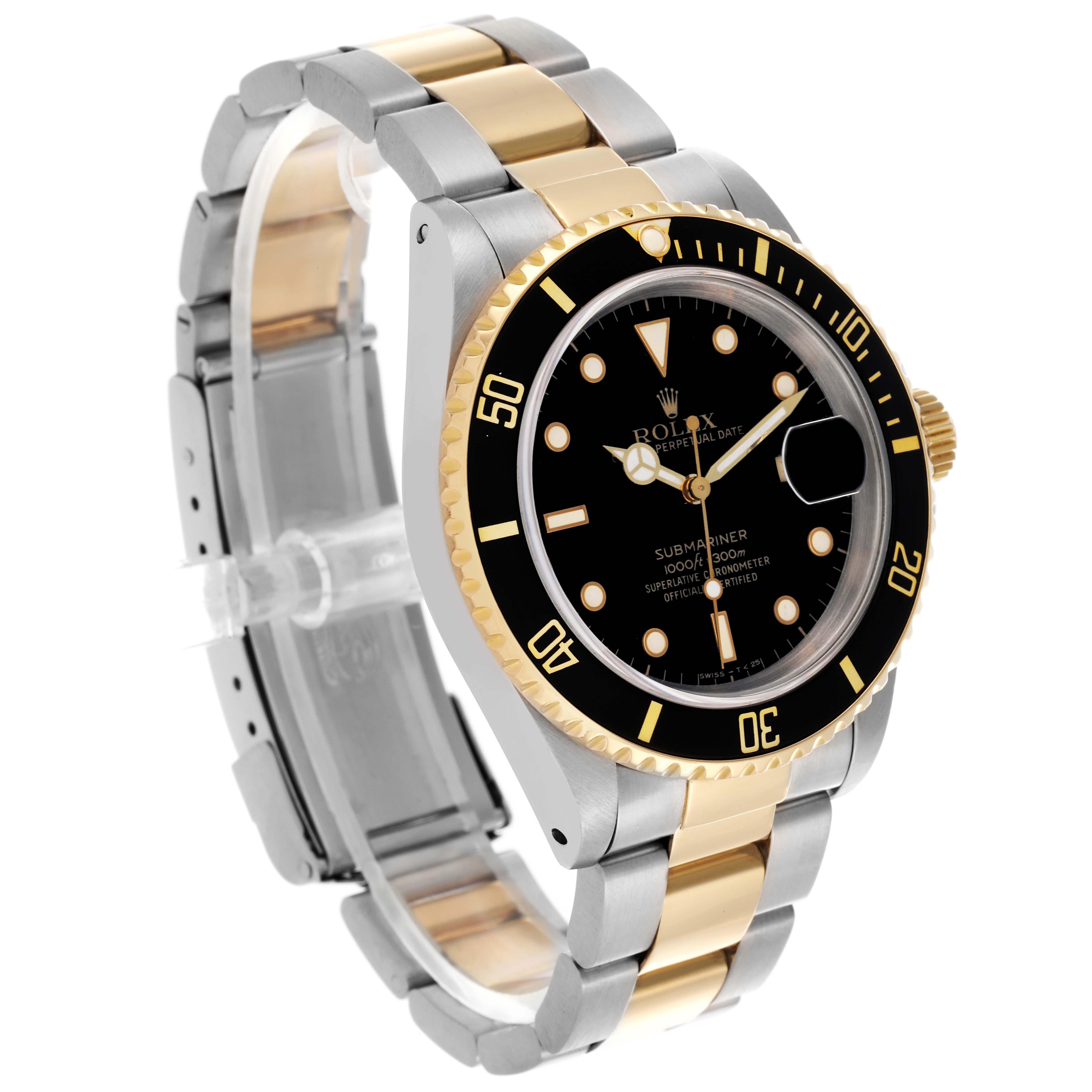 The image shows a Rolex Submariner 16613 Men
s Steel and Gold (two tone) Black Dial 16613 Men
s Steel and Gold (two tone) Black Dial from a side angle, highlighting the bezel, dial, and two-tone bracelet.