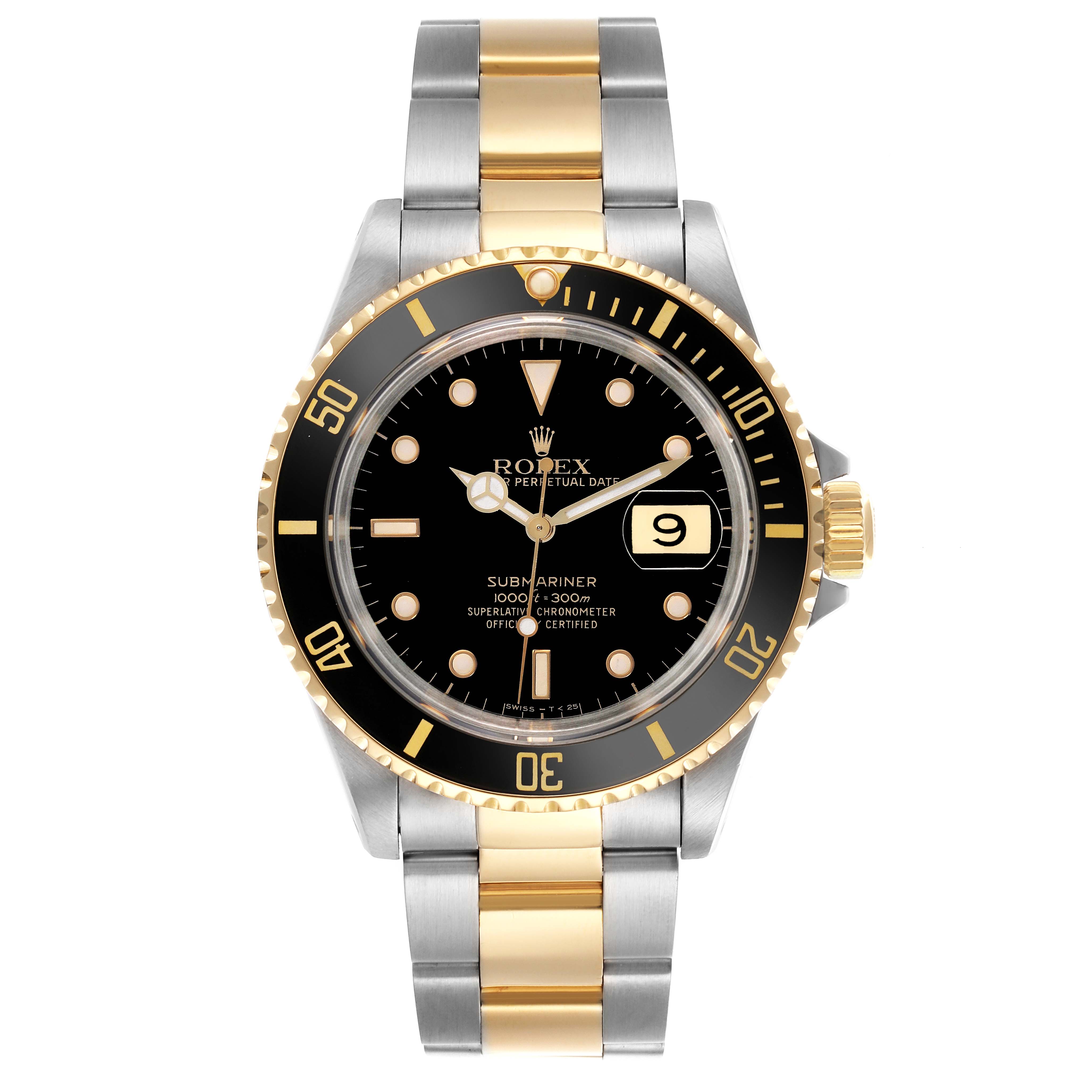 The image shows a frontal view of the Rolex Submariner 16613 Men
s Steel and Gold (two tone) Black Dial 16613 Men
s Steel and Gold (two tone) Black Dial, highlighting the dial, bezel, and two-tone bracelet.