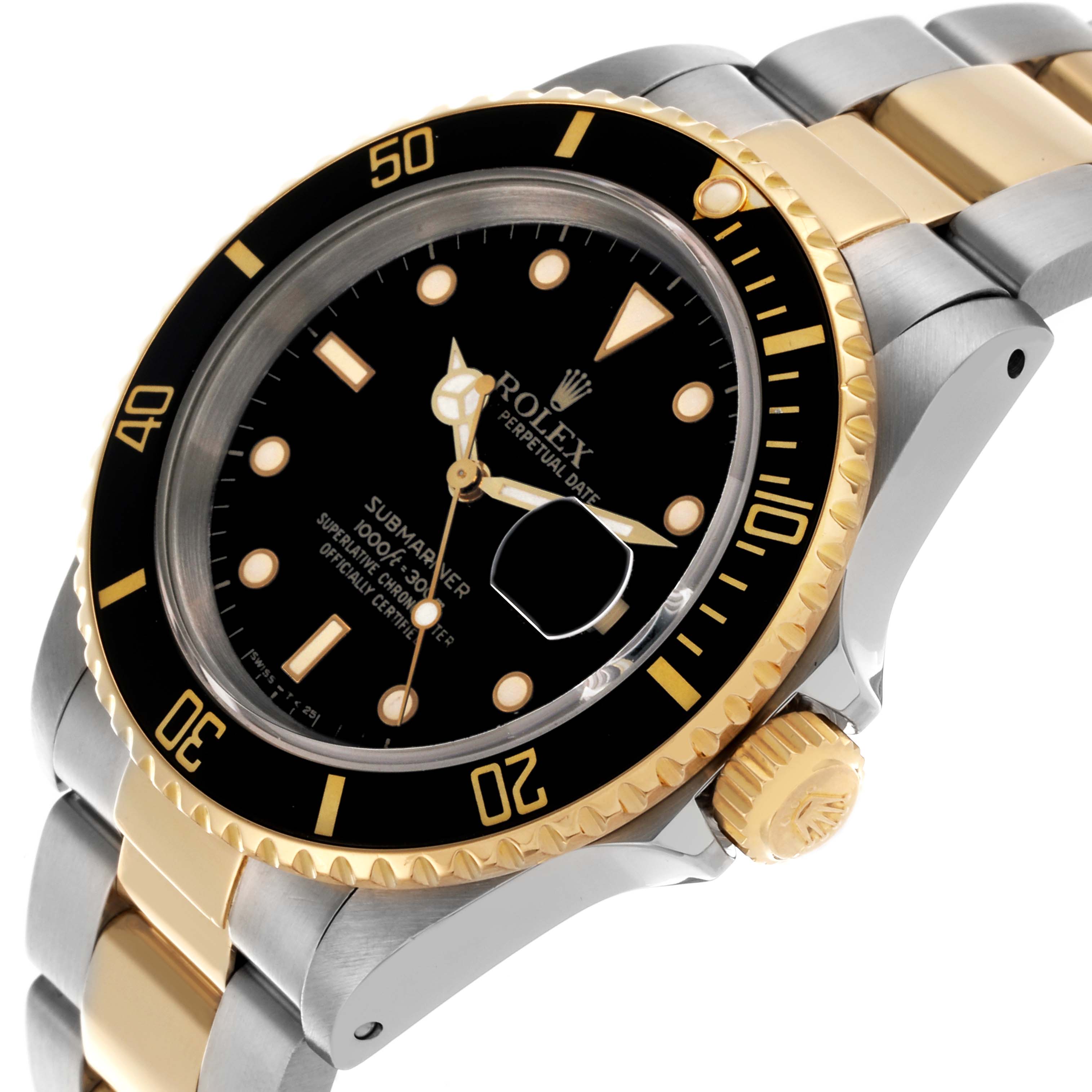 The Rolex Submariner 16613 Men
s Steel and Gold (two tone) Black Dial 16613 Men
s Steel and Gold (two tone) Black Dial watch is shown at a side angle, highlighting the bezel, dial, crown, and two-tone bracelet.