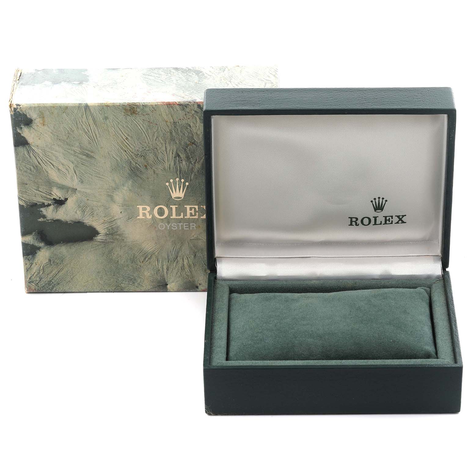 The image shows a Rolex Submariner 16613 Men
s Steel and Gold (two tone) Black Dial 16613 Men
s Steel and Gold (two tone) Black Dial box and outer packaging from a top angle, featuring the brand logo inside.