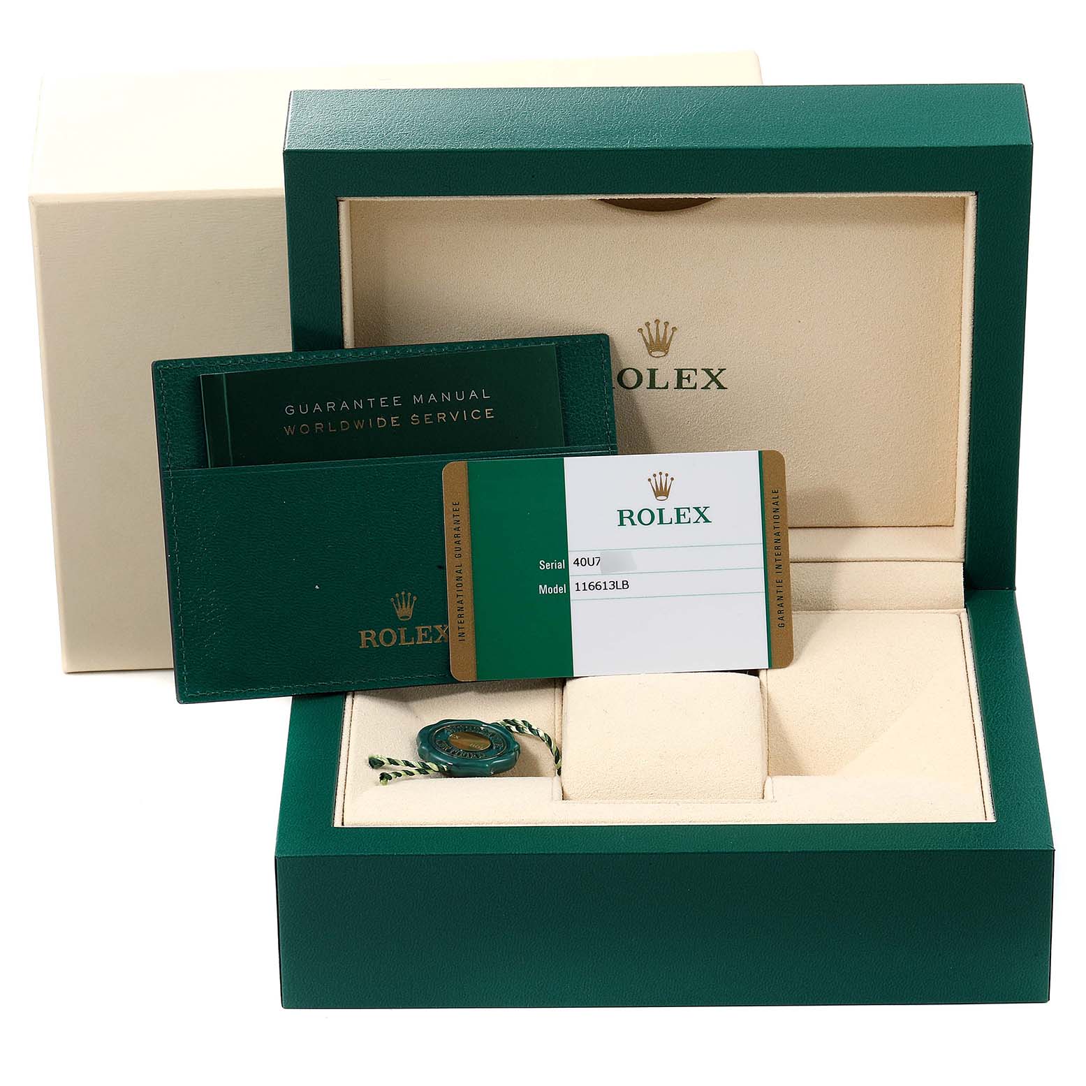 The image shows the packaging, guarantee manual, and model card for a Rolex Submariner 116613 Men's Steel and Gold (two tone) Blue Dial 116613 Men's Steel and Gold (two tone) Blue Dial.