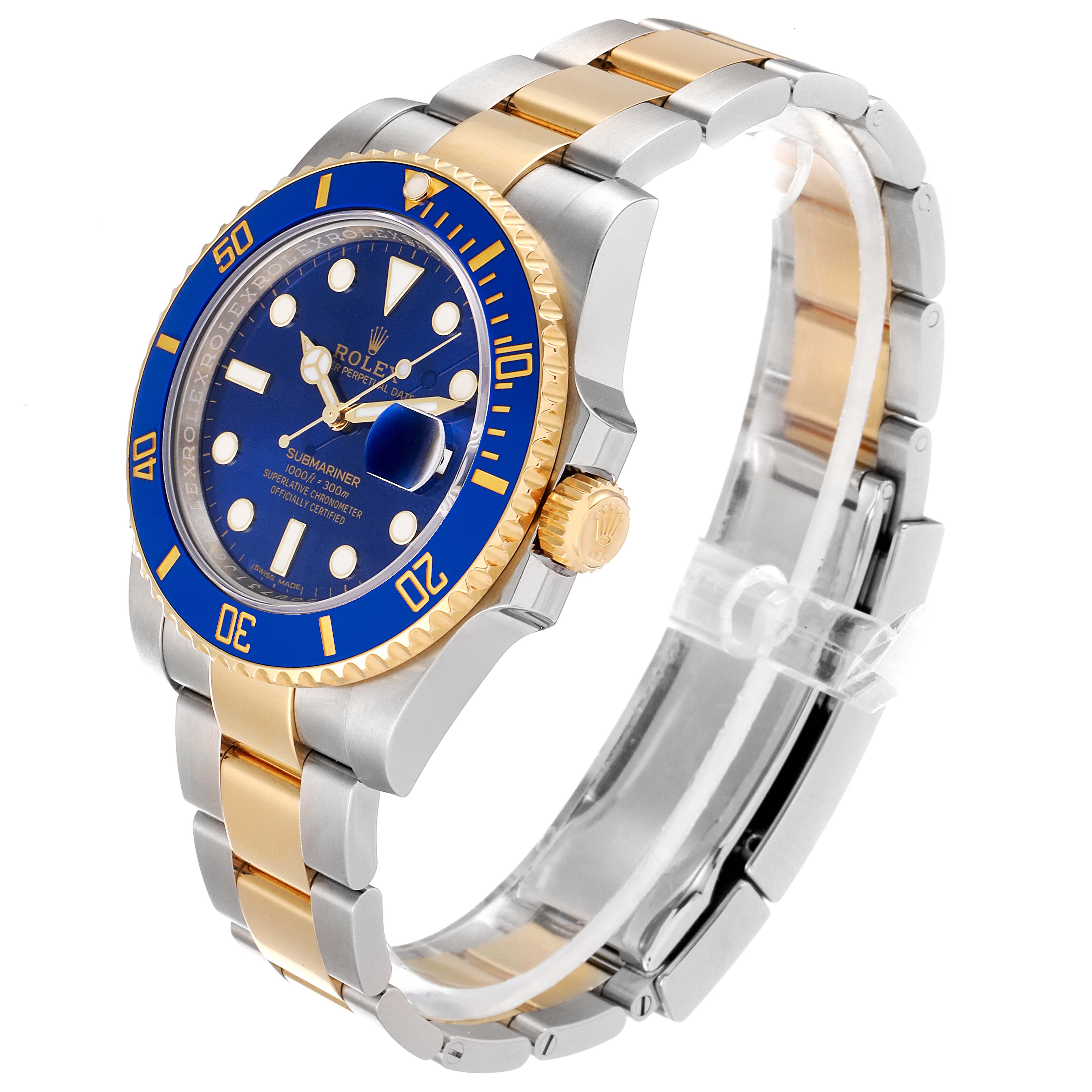 This image shows a Rolex Submariner 116613 Men's Steel and Gold (two tone) Blue Dial 116613 Men's Steel and Gold (two tone) Blue Dial watch at a three-quarter angle, highlighting its blue dial, gold bezel, and two-tone bracelet.