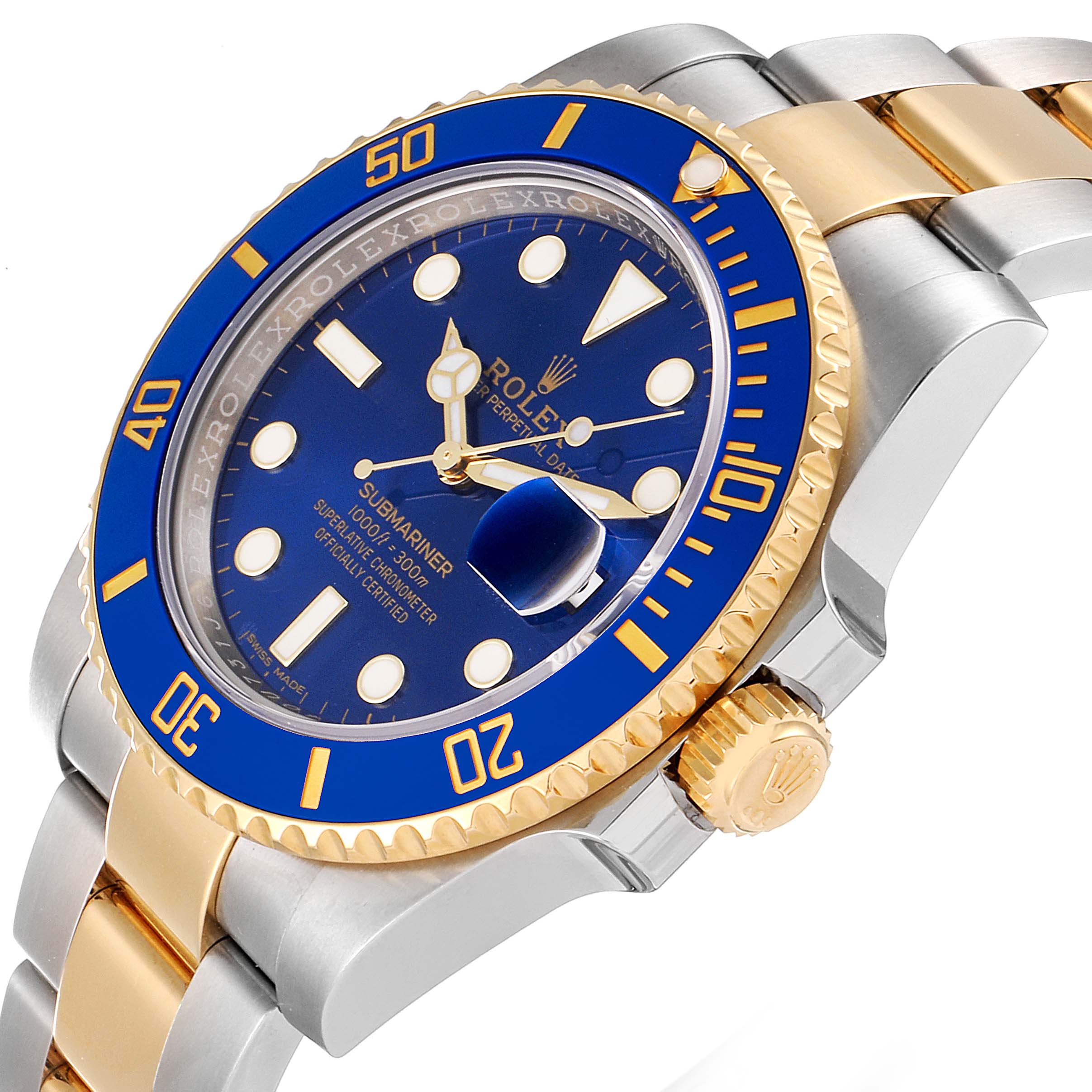 The image shows a side angle of the Rolex Submariner 116613 Men's Steel and Gold (two tone) Blue Dial 116613 Men's Steel and Gold (two tone) Blue Dial, highlighting the watch face, bezel, crown, and part of the bracelet.