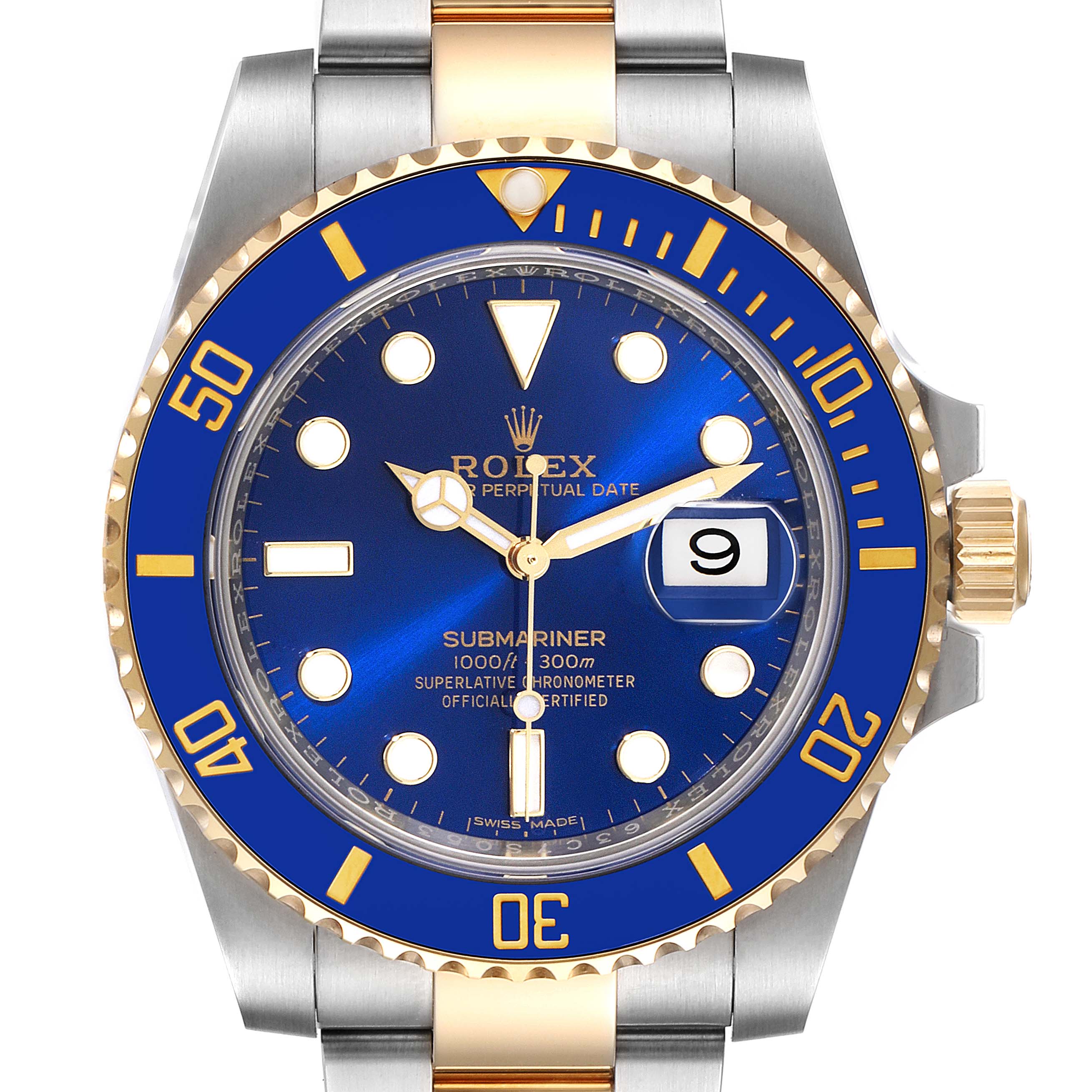 Front view of a Rolex Submariner 116613 Men's Steel and Gold (two tone) Blue Dial 116613 Men's Steel and Gold (two tone) Blue Dial watch showing the dial, bezel, hands, date, and part of the bracelet.
