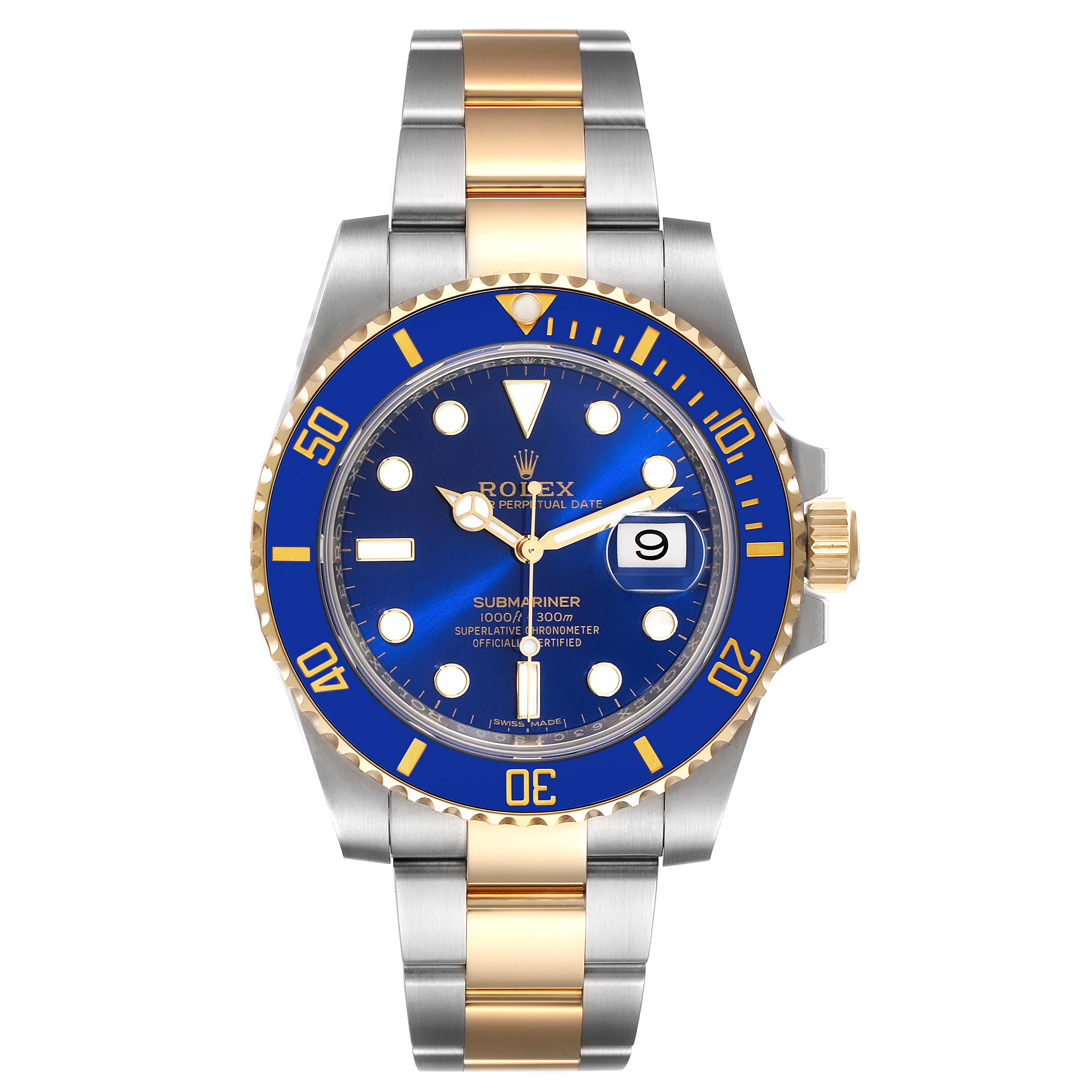The Rolex Submariner 116613 Men's Steel and Gold (two tone) Blue Dial 116613 Men's Steel and Gold (two tone) Blue Dial watch is shown from a front view, displaying its blue dial, bezel, and two-tone bracelet.