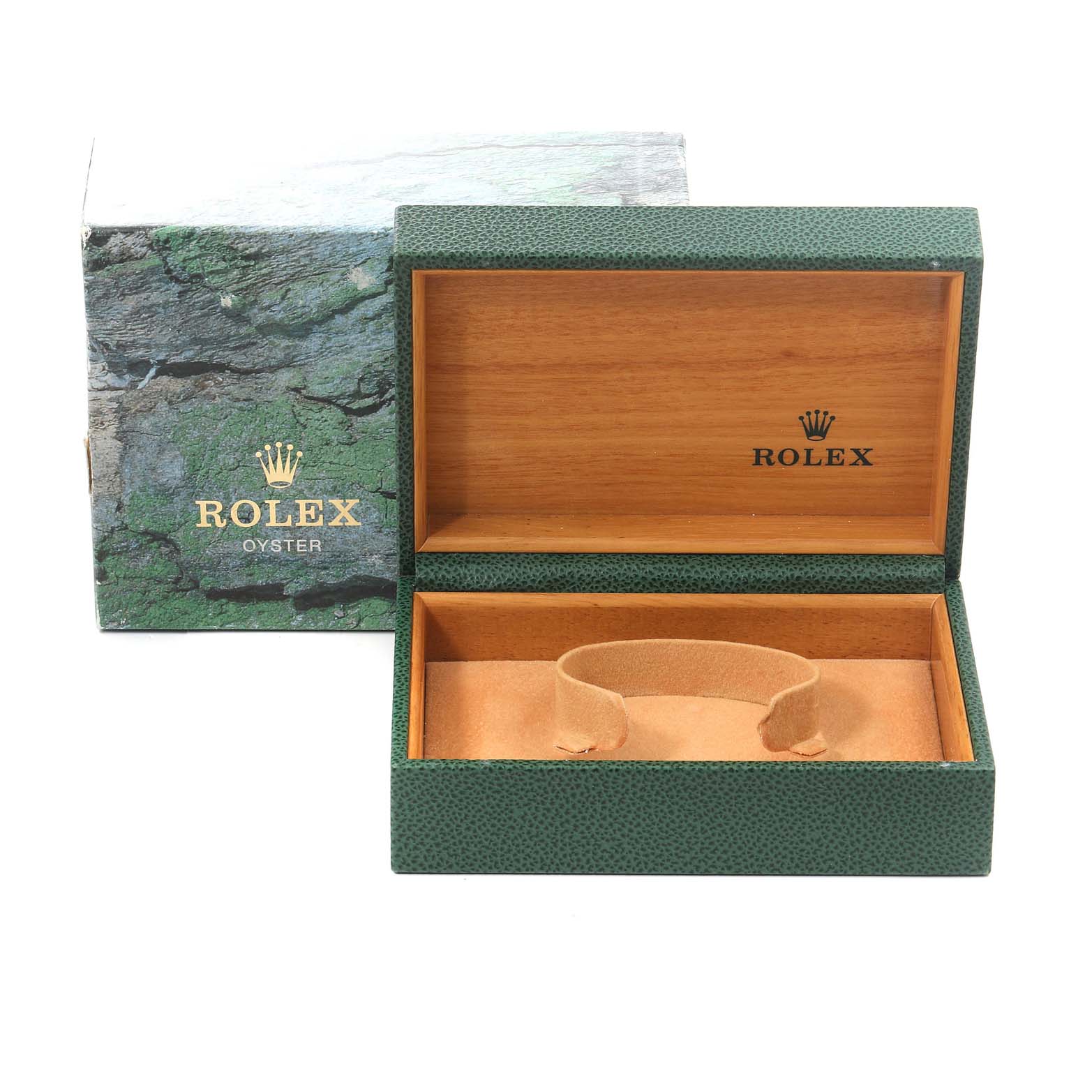 The image shows an open Rolex Turn-o-Graph 16264 Men
s Stainless Steel White Dial 16264 Men
s Stainless Steel White Dial watch box with its lid and interior visible, alongside its outer packaging.