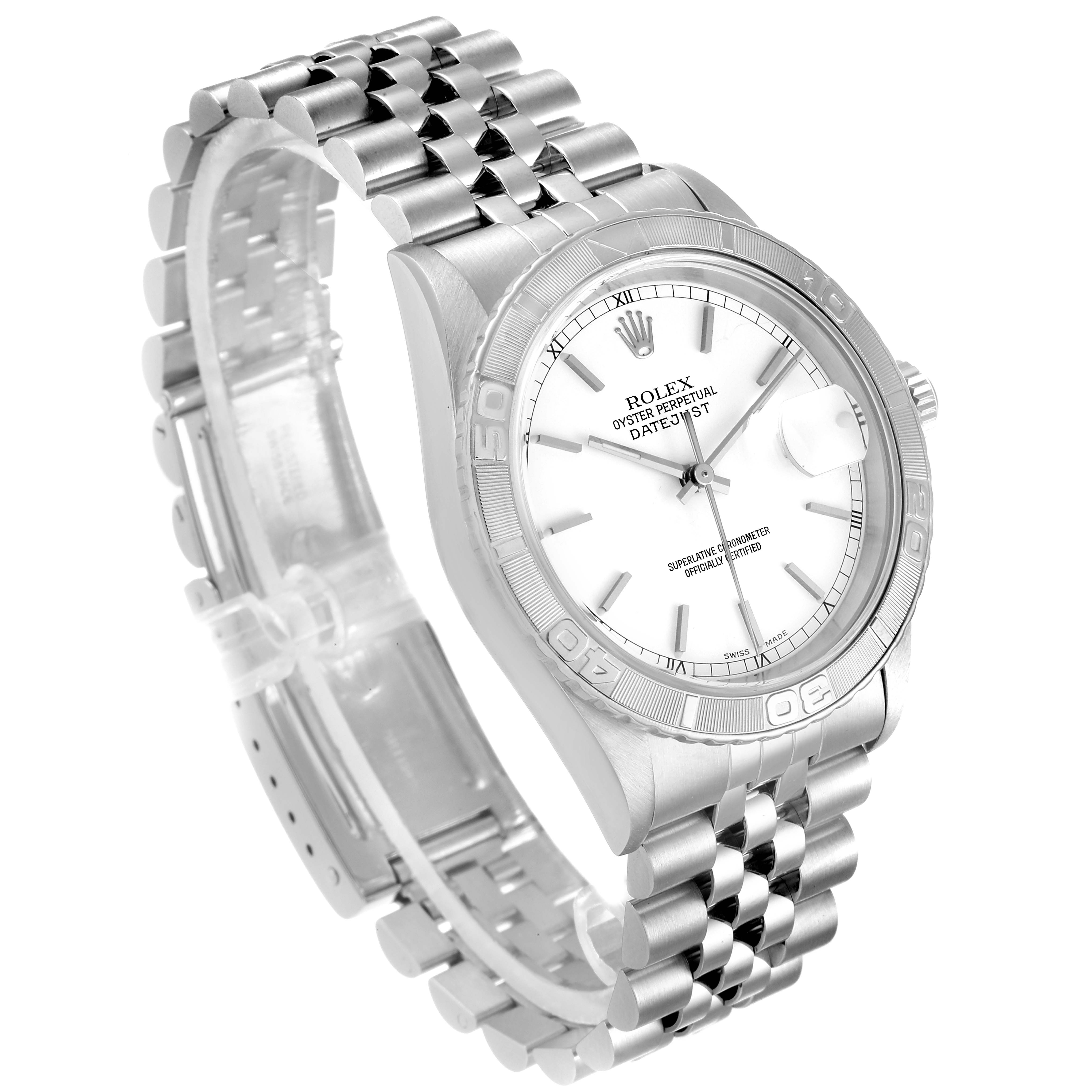 This image shows a Rolex Turn-o-Graph 16264 Men
s Stainless Steel White Dial 16264 Men
s Stainless Steel White Dial watch titled slightly to the left, displaying the dial, bezel, and bracelet.