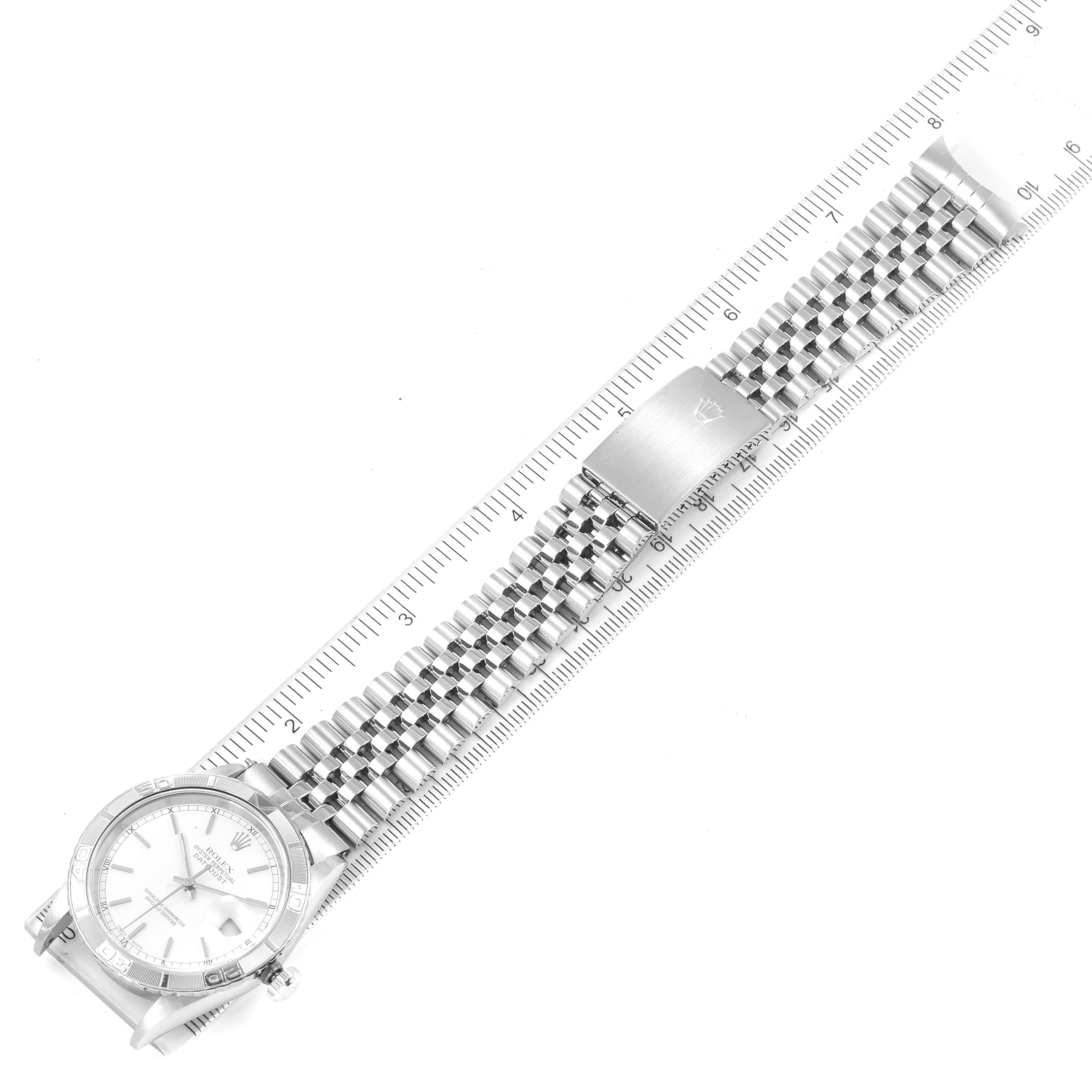 The image shows a top view of a Rolex Turn-o-Graph 16264 Men
s Stainless Steel White Dial 16264 Men
s Stainless Steel White Dial watch, highlighting the watch face and metal bracelet with clasp.