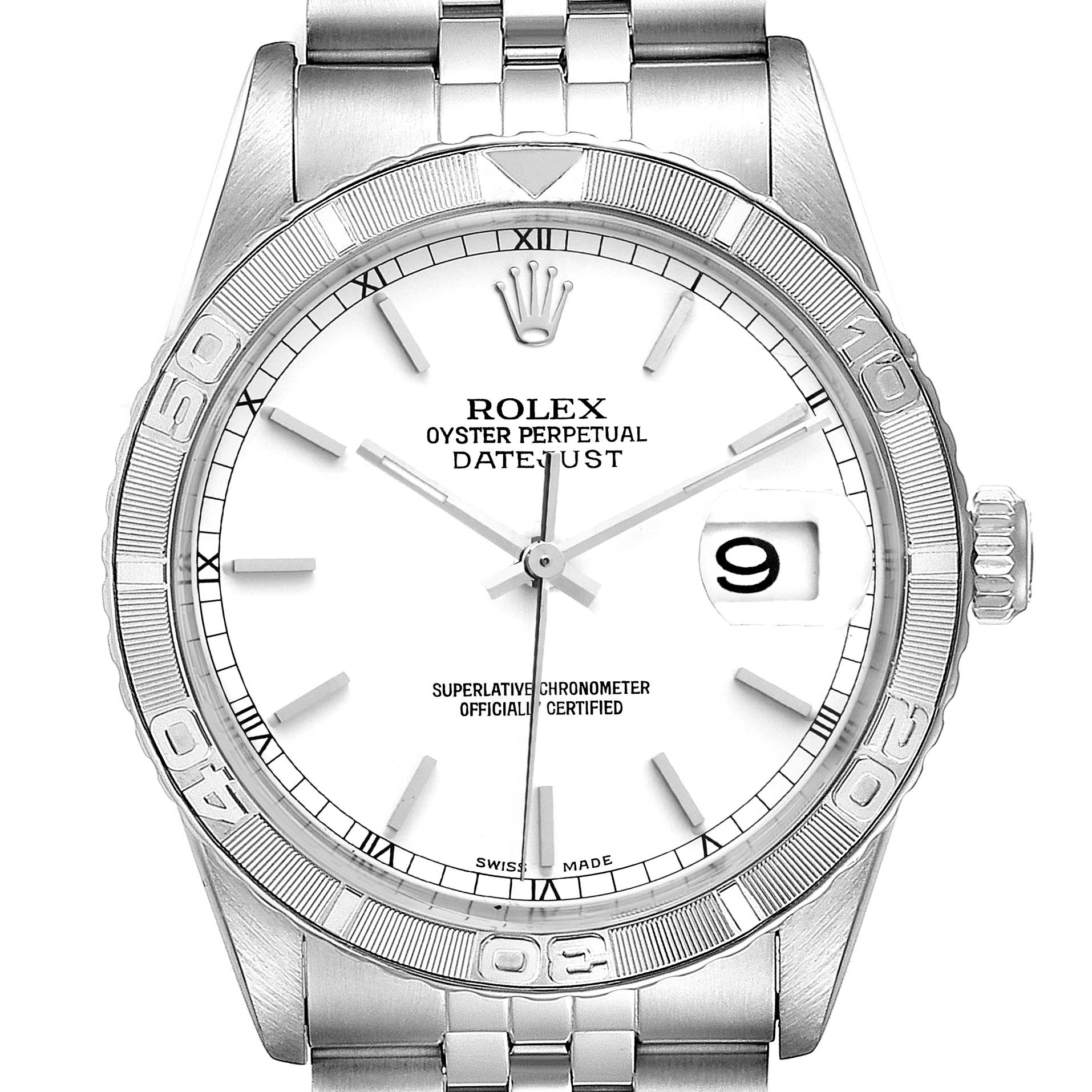 The Rolex Turn-o-Graph 16264 Men
s Stainless Steel White Dial 16264 Men
s Stainless Steel White Dial watch is shown from a frontal angle, displaying the dial, bezel, crown, date window, and part of the bracelet.