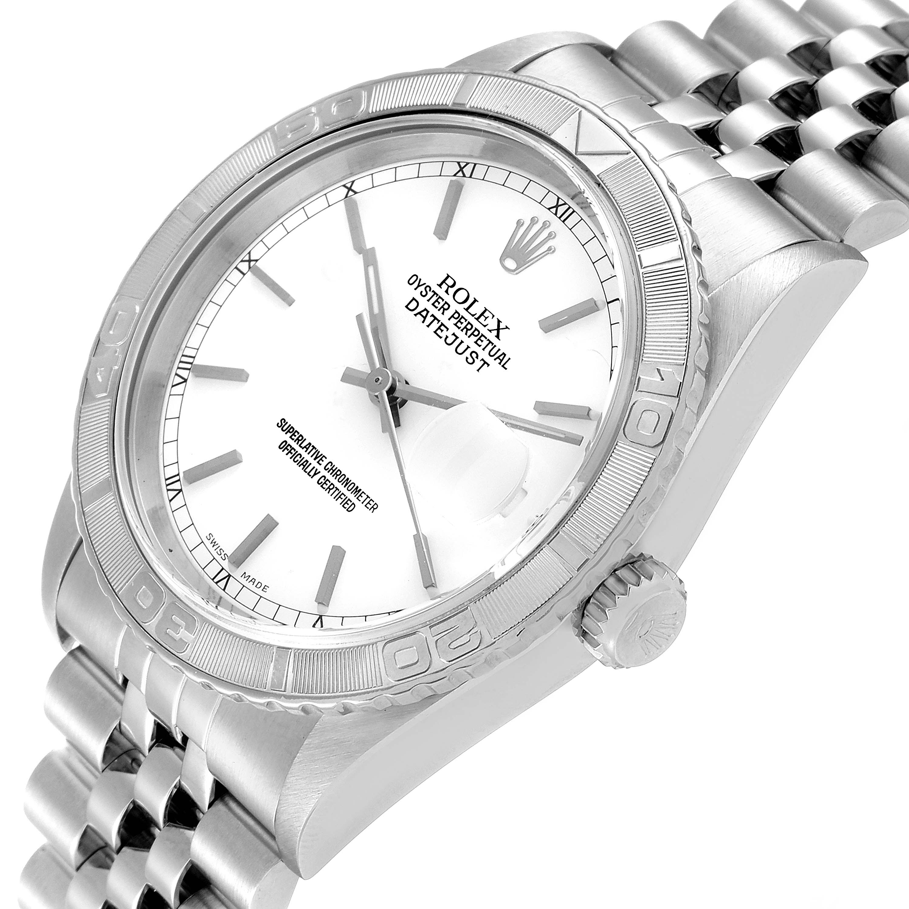 This image shows a Rolex Turn-o-Graph 16264 Men
s Stainless Steel White Dial 16264 Men
s Stainless Steel White Dial watch at a slight angle with the face, bezel, crown, and part of the bracelet visible.