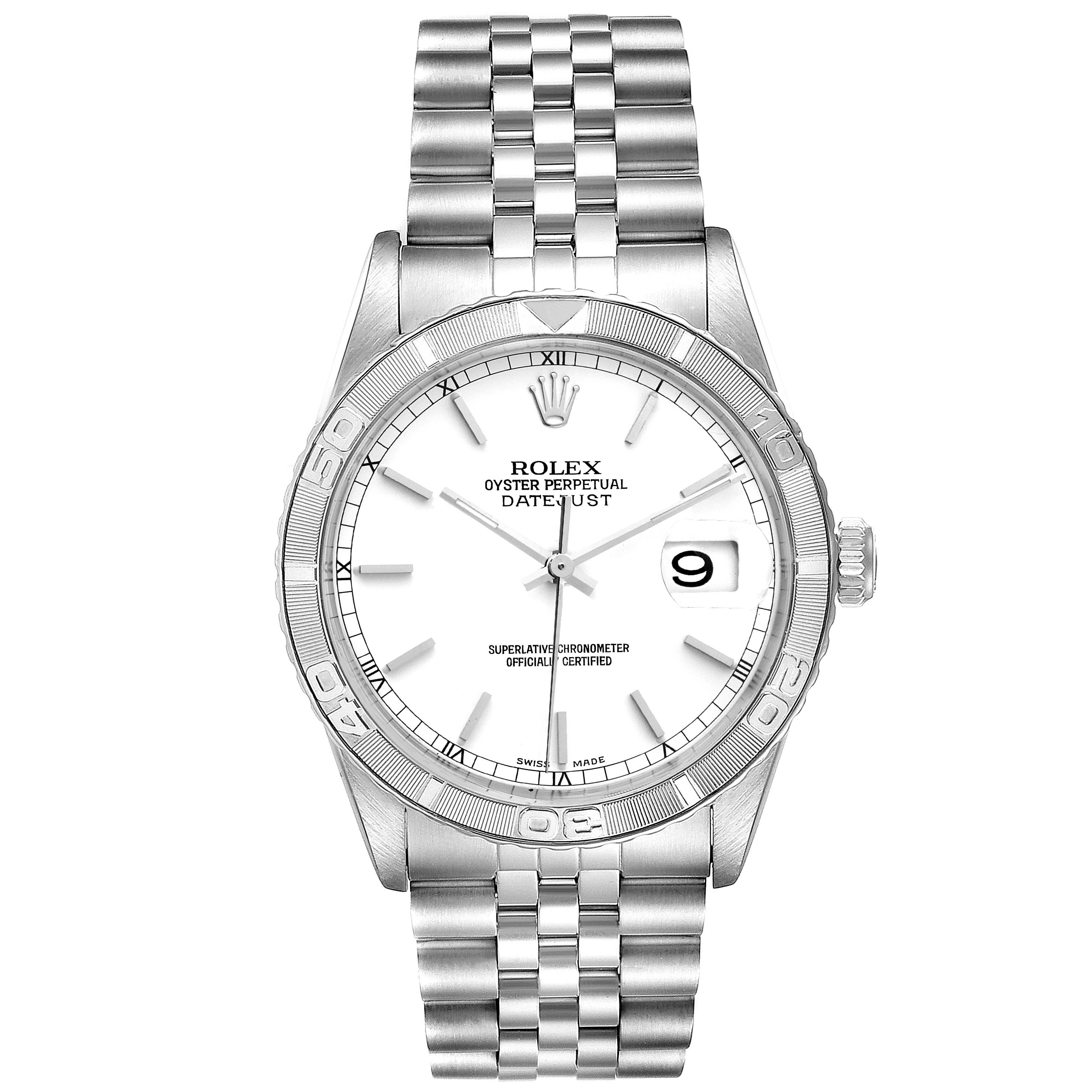 The image shows a front view of the Rolex Turn-o-Graph 16264 Men
s Stainless Steel White Dial 16264 Men
s Stainless Steel White Dial watch, displaying its dial, hands, bezel, date window, and bracelet.