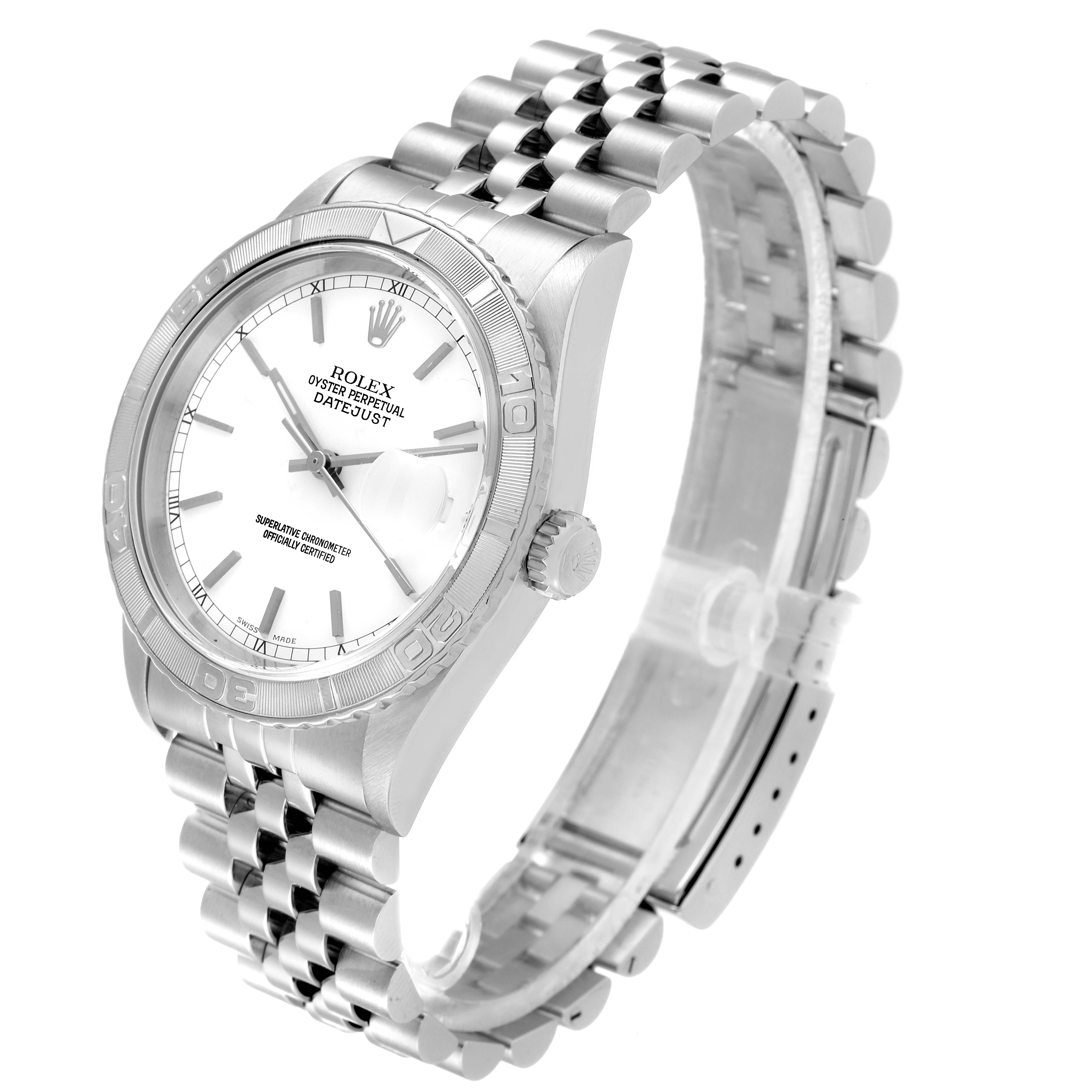 The Rolex Turn-o-Graph 16264 Men
s Stainless Steel White Dial 16264 Men
s Stainless Steel White Dial Datejust watch is shown from an angled side view, highlighting its bezel, dial, and bracelet.