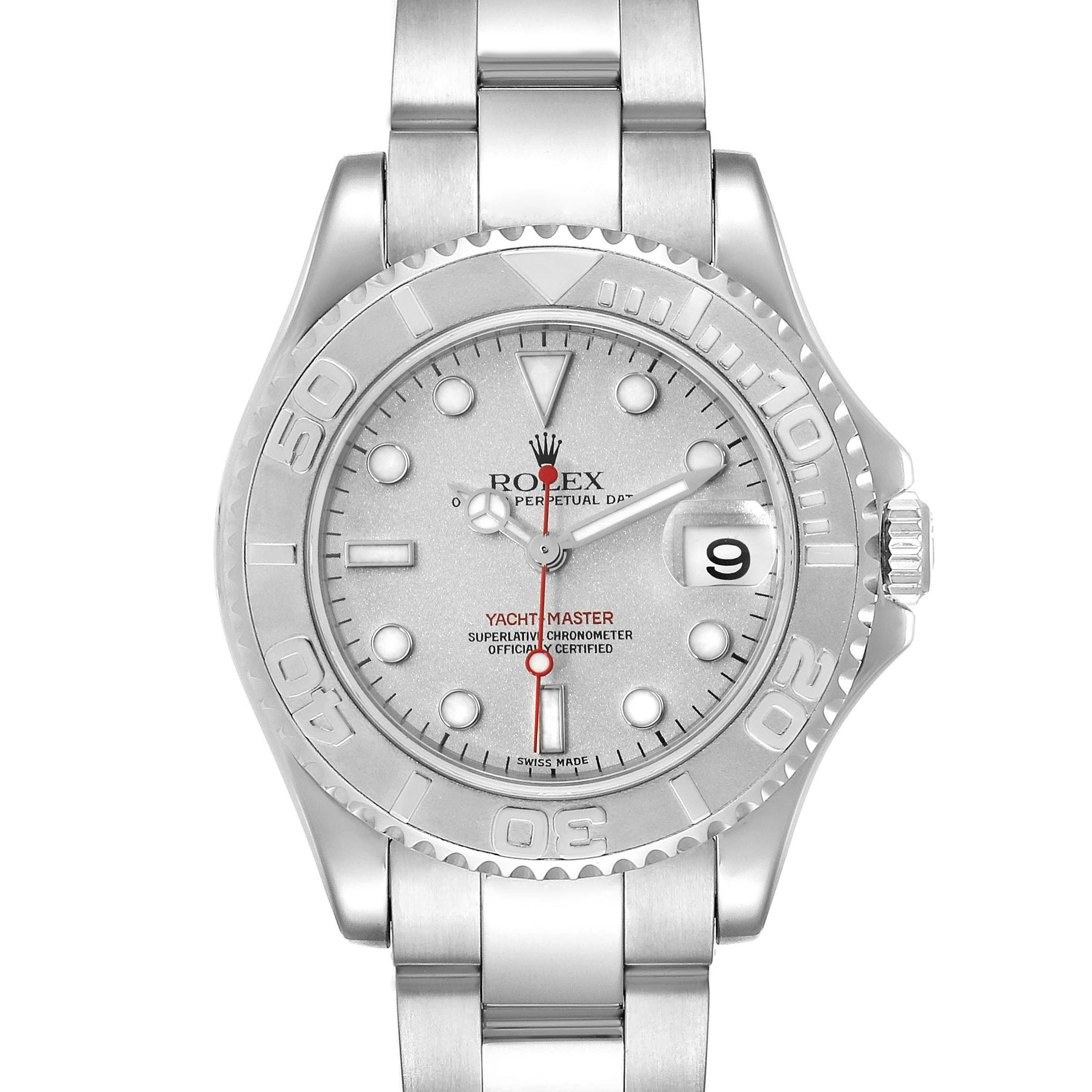 This image shows a front view of the Rolex Yacht-Master 168622 Men
s Stainless Steel Silver Dial 168622 Men
s Stainless Steel Silver Dial watch, featuring the dial, bezel, and part of the bracelet.