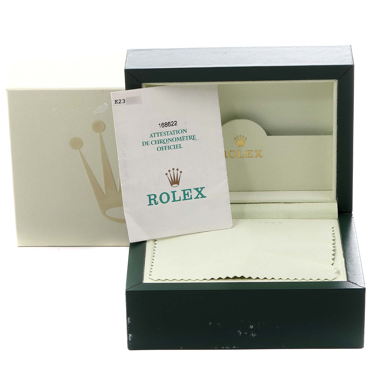 The image shows the packaging and documentation for a Rolex Yacht-Master 168622 Men
s Stainless Steel Silver Dial 168622 Men
s Stainless Steel Silver Dial watch, including the official chronometer certification.