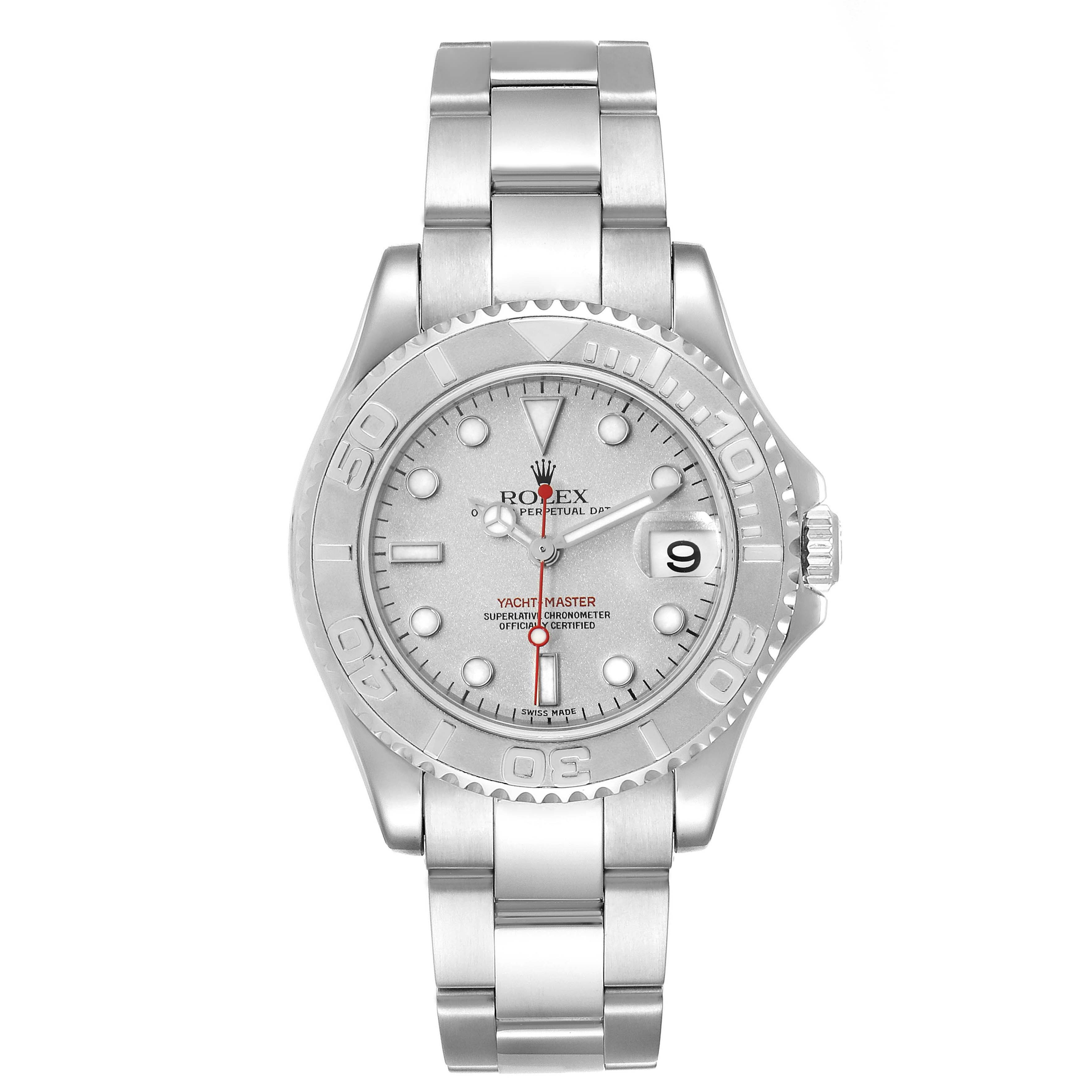 This image shows a frontal view of the Rolex Yacht-Master 168622 Men
s Stainless Steel Silver Dial 168622 Men
s Stainless Steel Silver Dial watch, highlighting its face, bezel, and bracelet.