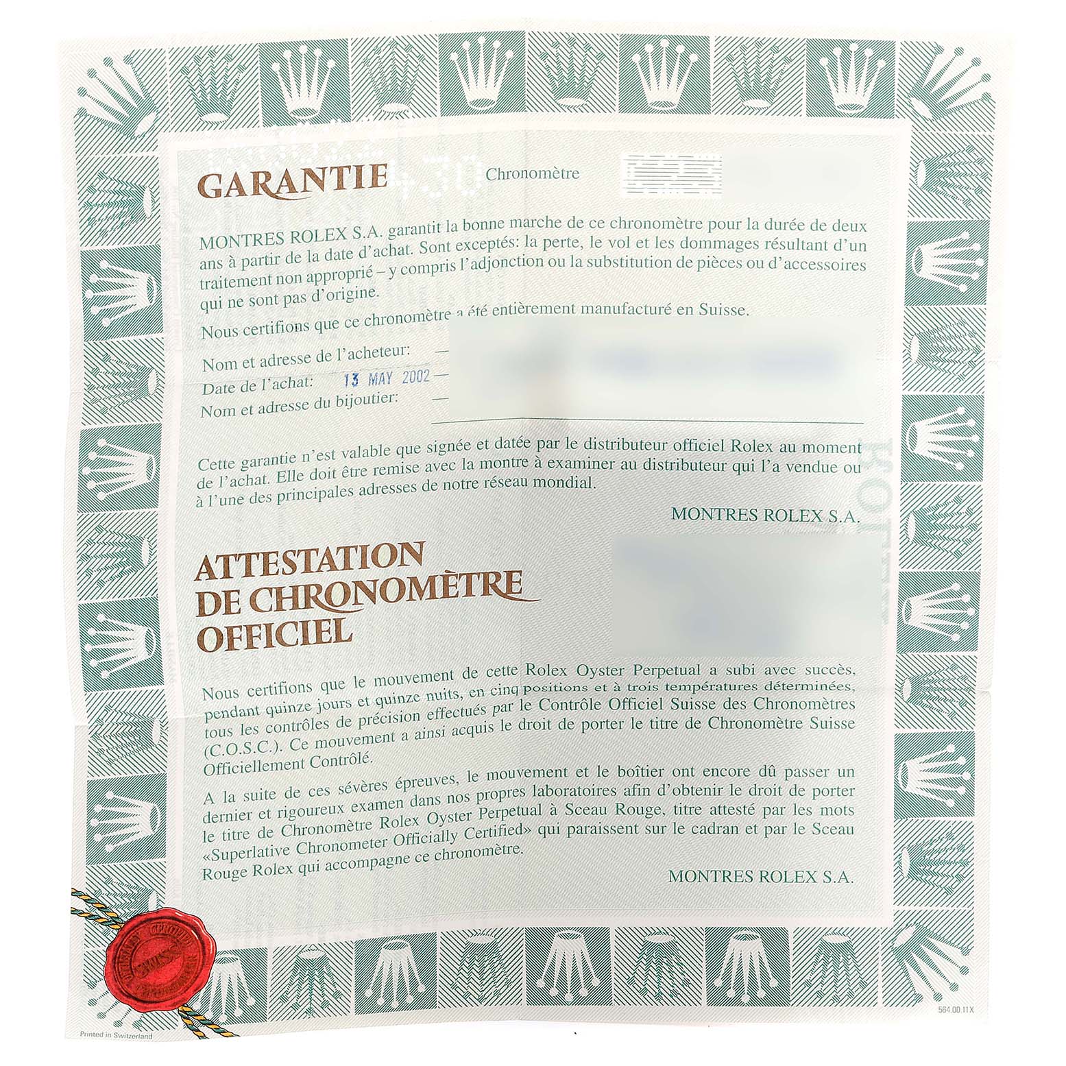 This image shows the warranty card and official chronometer certification for a Rolex Yacht-Master 168622 Men
s Stainless Steel Silver Dial 168622 Men
s Stainless Steel Silver Dial watch.