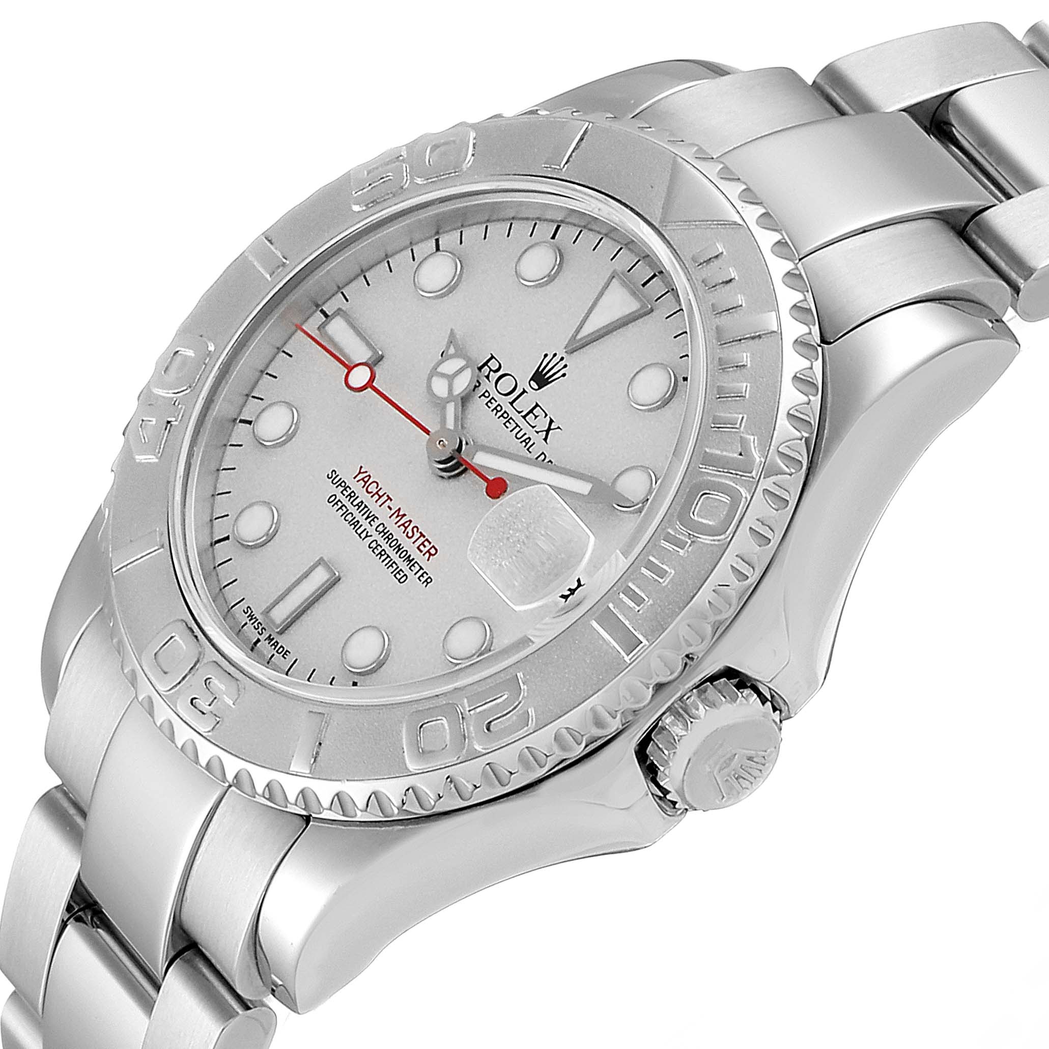 The image shows a side and partial front view of a Rolex Yacht-Master 168622 Men
s Stainless Steel Silver Dial 168622 Men
s Stainless Steel Silver Dial watch, highlighting the dial, bezel, crown, and bracelet.