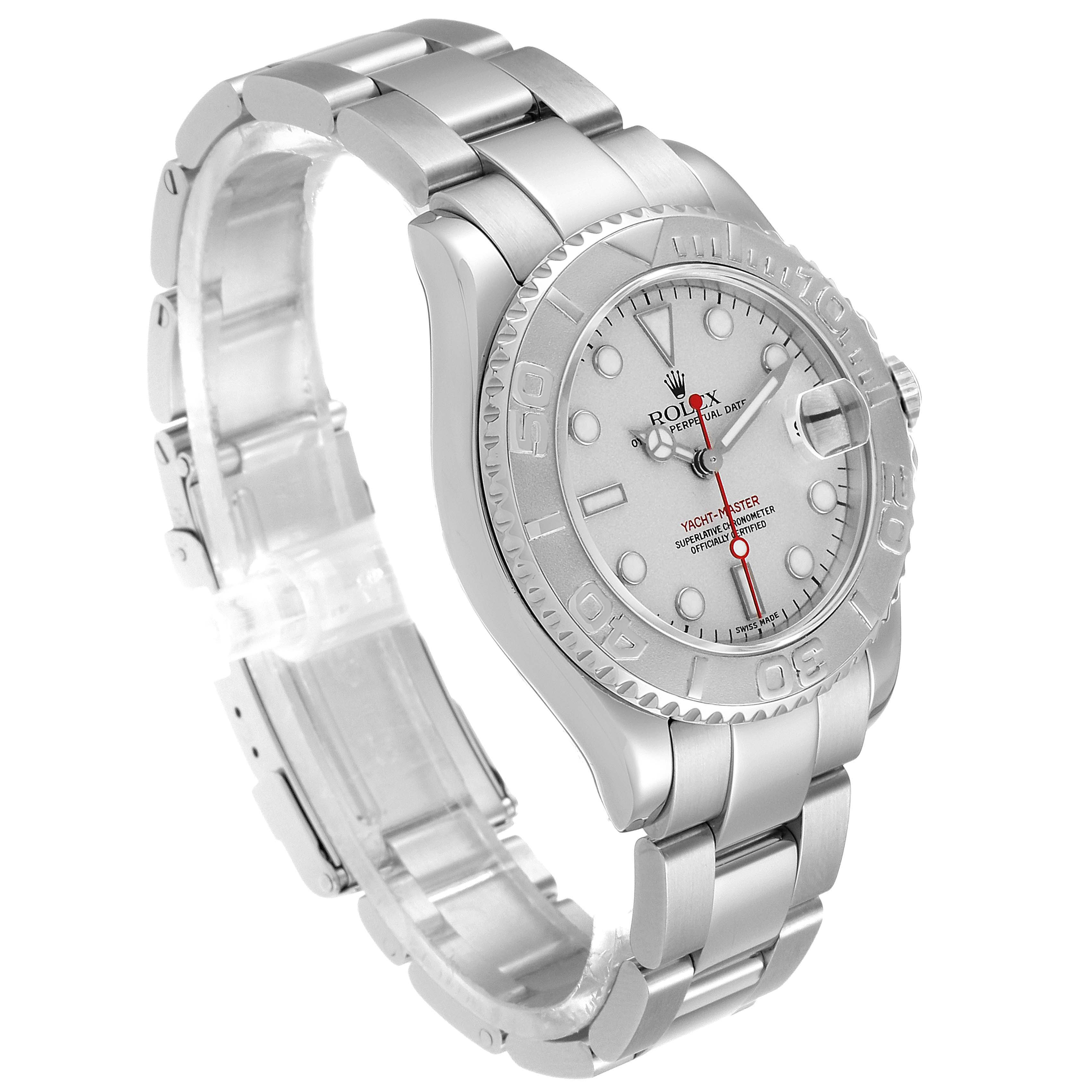 The image shows a Rolex Yacht-Master 168622 Men
s Stainless Steel Silver Dial 168622 Men
s Stainless Steel Silver Dial watch from an angled view, displaying the face, bezel, bracelet, and clasp.