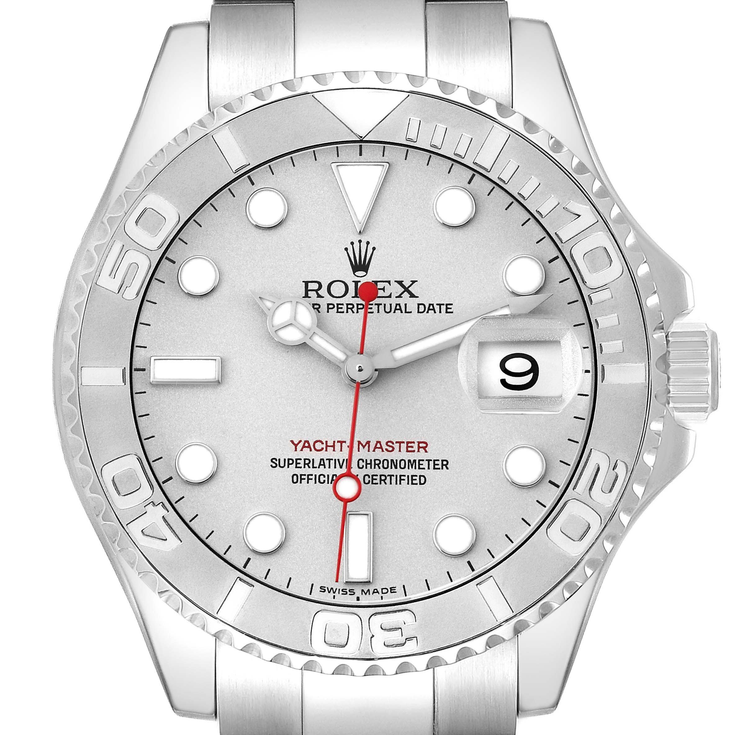 The Rolex Yacht-Master 16622 Men
s Stainless Steel Silver Dial 16622 Men
s Stainless Steel Silver Dial watch is shown from the front, highlighting the dial, bezel, and crown.
