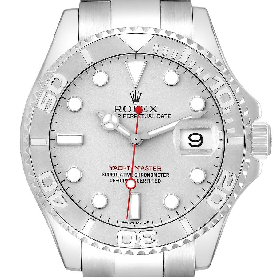 The Rolex Yacht-Master watch is shown from the front, highlighting the dial, bezel, and crown.