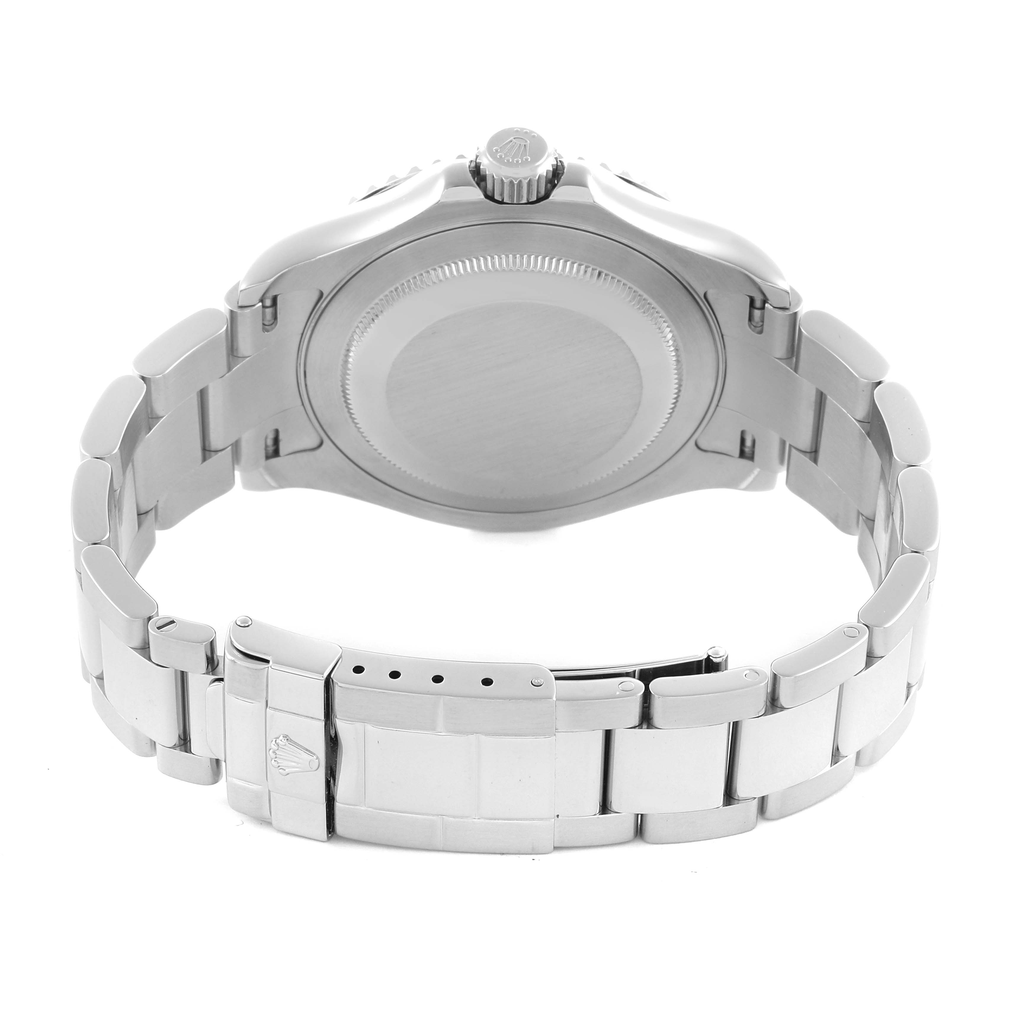The image shows the case back and bracelet of a Rolex Yacht-Master 16622 Men
s Stainless Steel Silver Dial 16622 Men
s Stainless Steel Silver Dial watch from the rear angle.