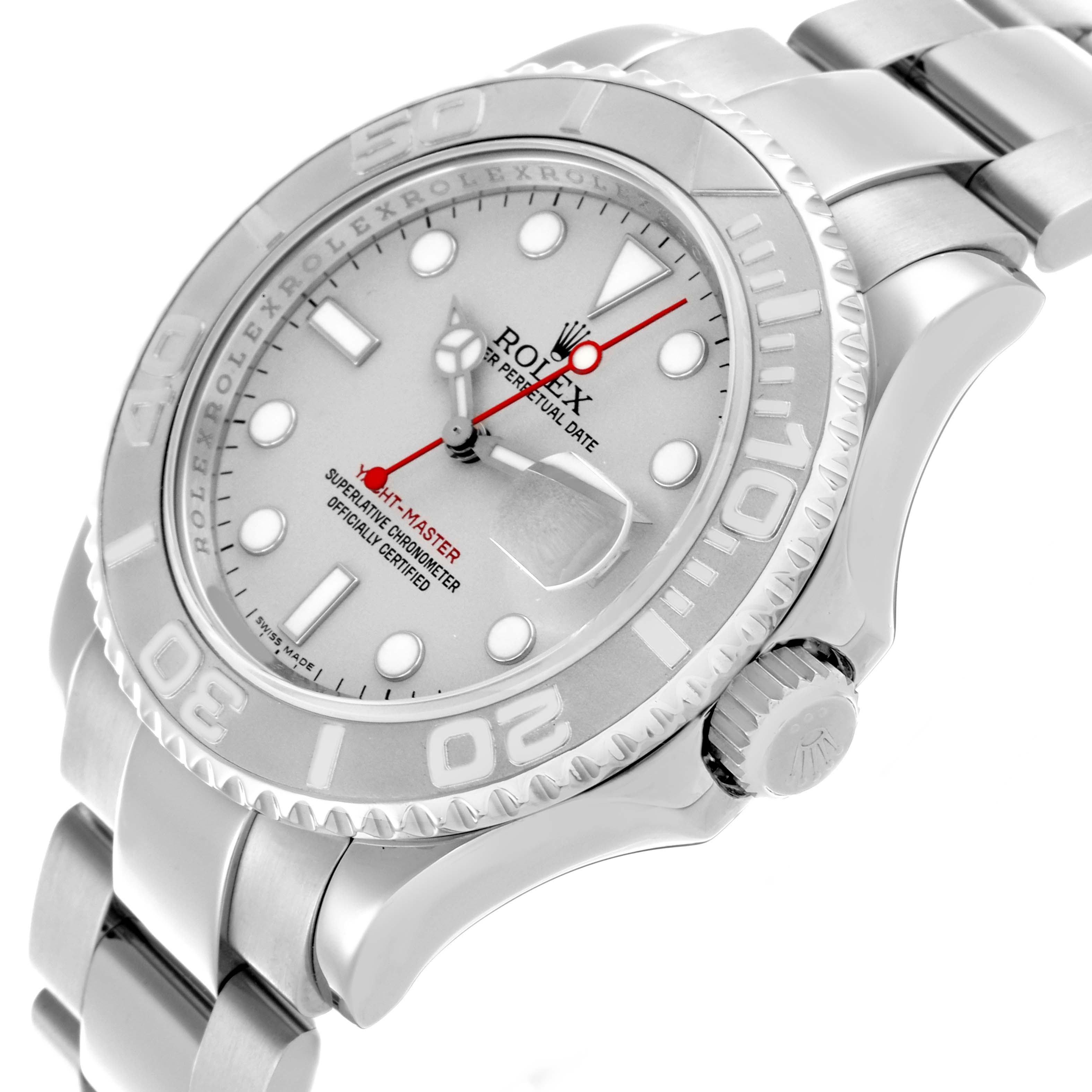 The Rolex Yacht-Master 16622 Men
s Stainless Steel Silver Dial 16622 Men
s Stainless Steel Silver Dial watch is shown at an angle highlighting the dial, bezel, and bracelet.