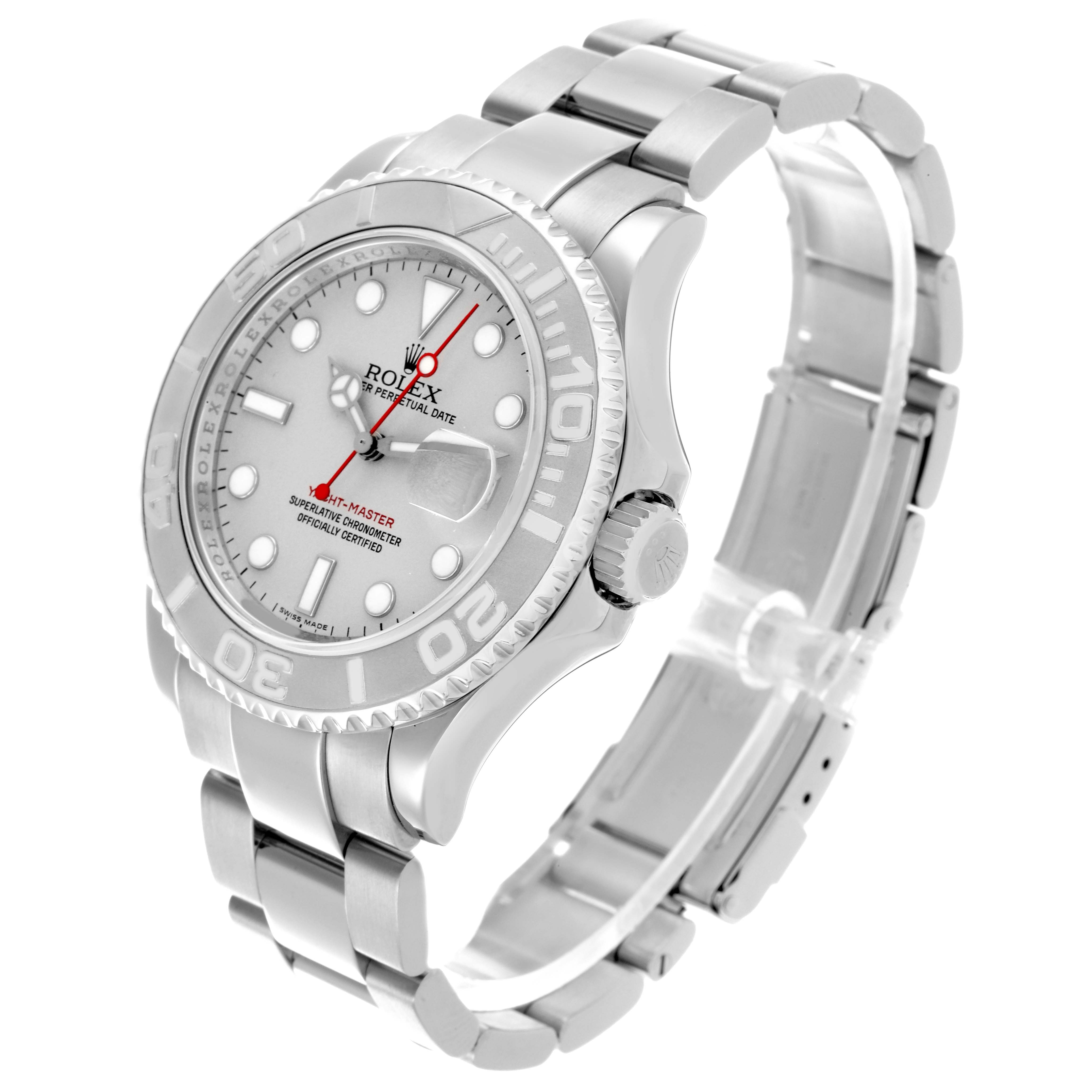 The Rolex Yacht-Master 16622 Men
s Stainless Steel Silver Dial 16622 Men
s Stainless Steel Silver Dial watch is shown at a three-quarter angle, displaying the face, bezel, and bracelet clearly.