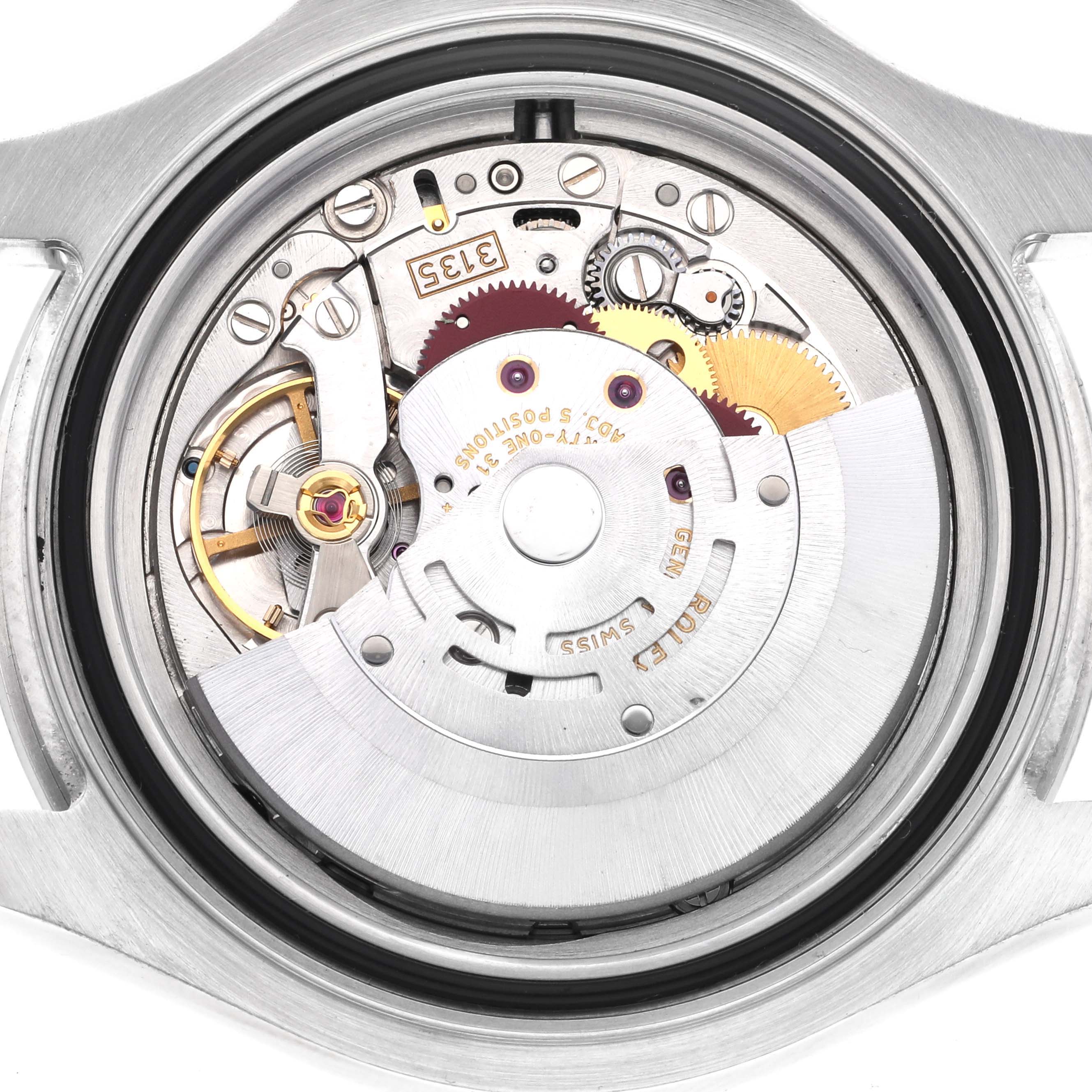 This is a close-up of the Rolex Yacht-Master 16622 Men
s Stainless Steel Silver Dial 16622 Men
s Stainless Steel Silver Dial
s movement, showcasing its intricate internal components.