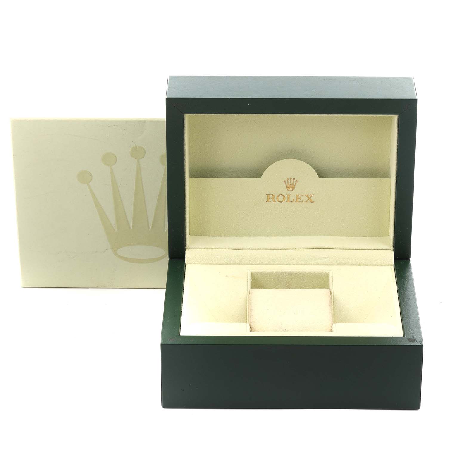 The image shows an open Rolex Yacht-Master 16622 Men
s Stainless Steel Silver Dial 16622 Men
s Stainless Steel Silver Dial watch box, revealing its interior with slots for the watch.