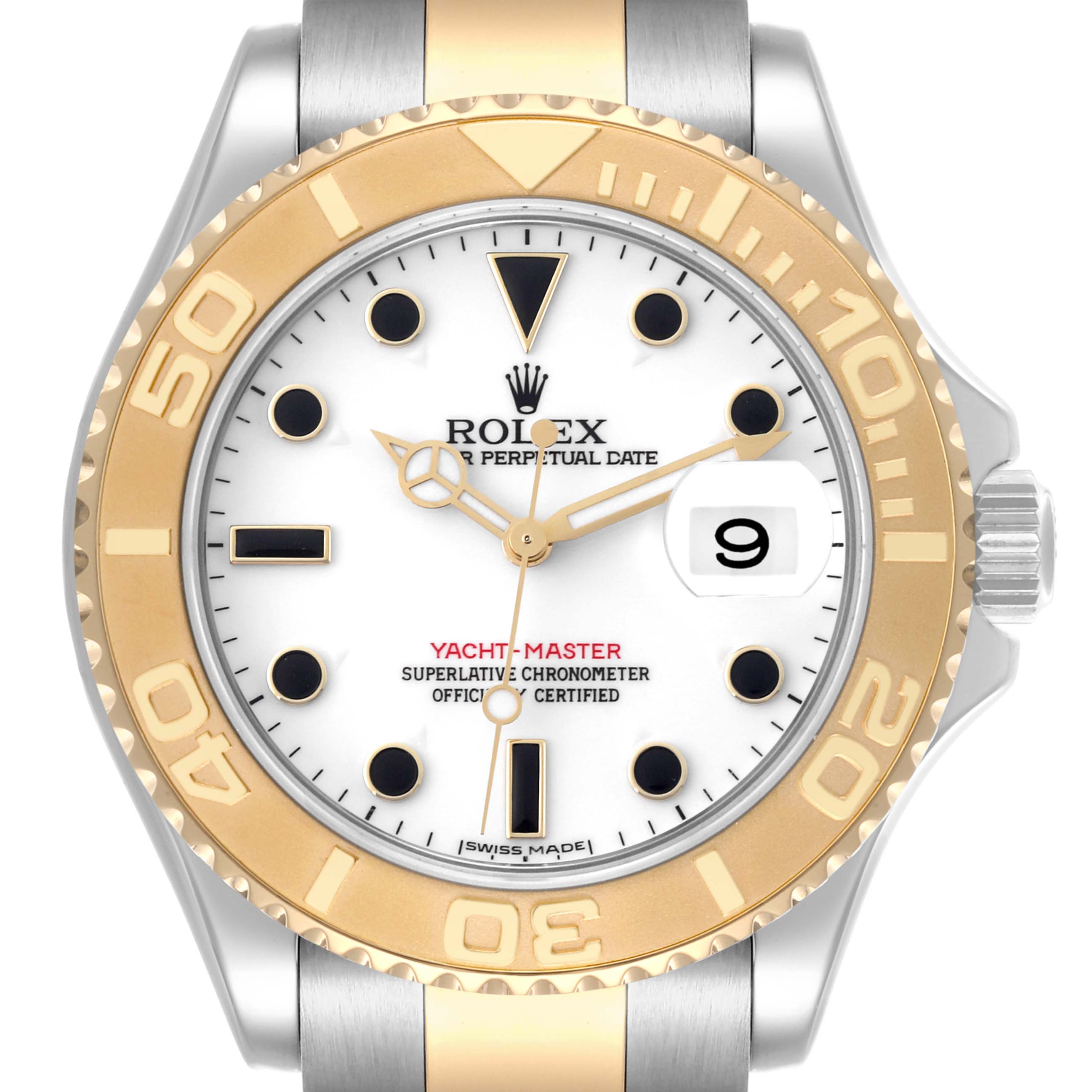 The Rolex Yacht-Master 16623 Men's Steel and Gold (two tone) White Dial 16623 Men's Steel and Gold (two tone) White Dial watch is shown from the front, displaying the bezel, face, date, and part of the stainless steel and gold bracelet.