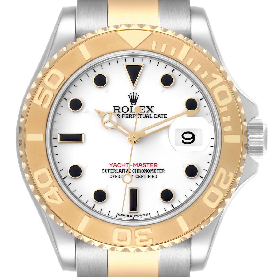 The Rolex Yacht-Master watch is shown from the front, displaying the bezel, face, date, and part of the stainless steel and gold bracelet.