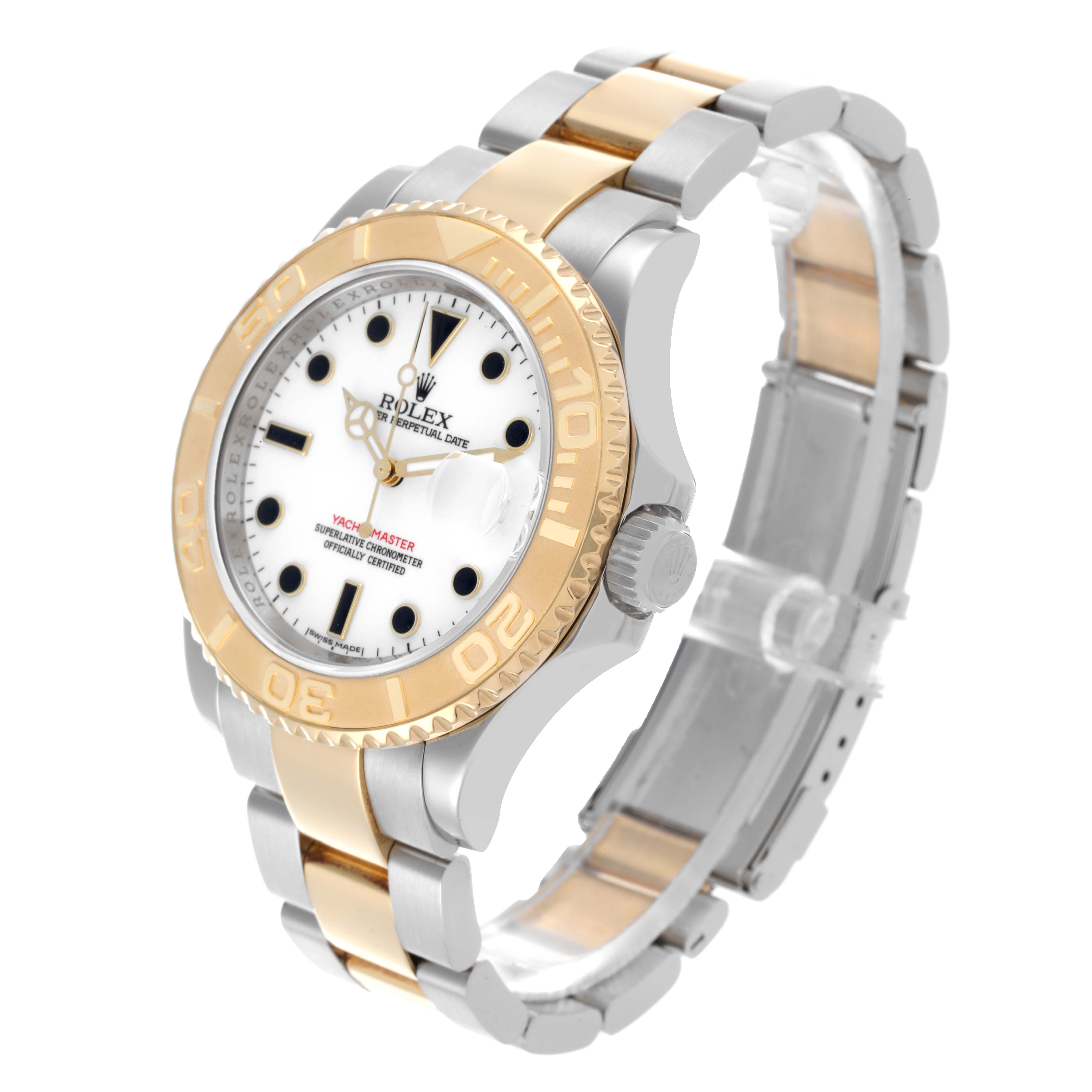 The Rolex Yacht-Master 16623 Men's Steel and Gold (two tone) White Dial 16623 Men's Steel and Gold (two tone) White Dial watch is shown at a three-quarter angle, highlighting the bezel, dial, and two-tone bracelet.
