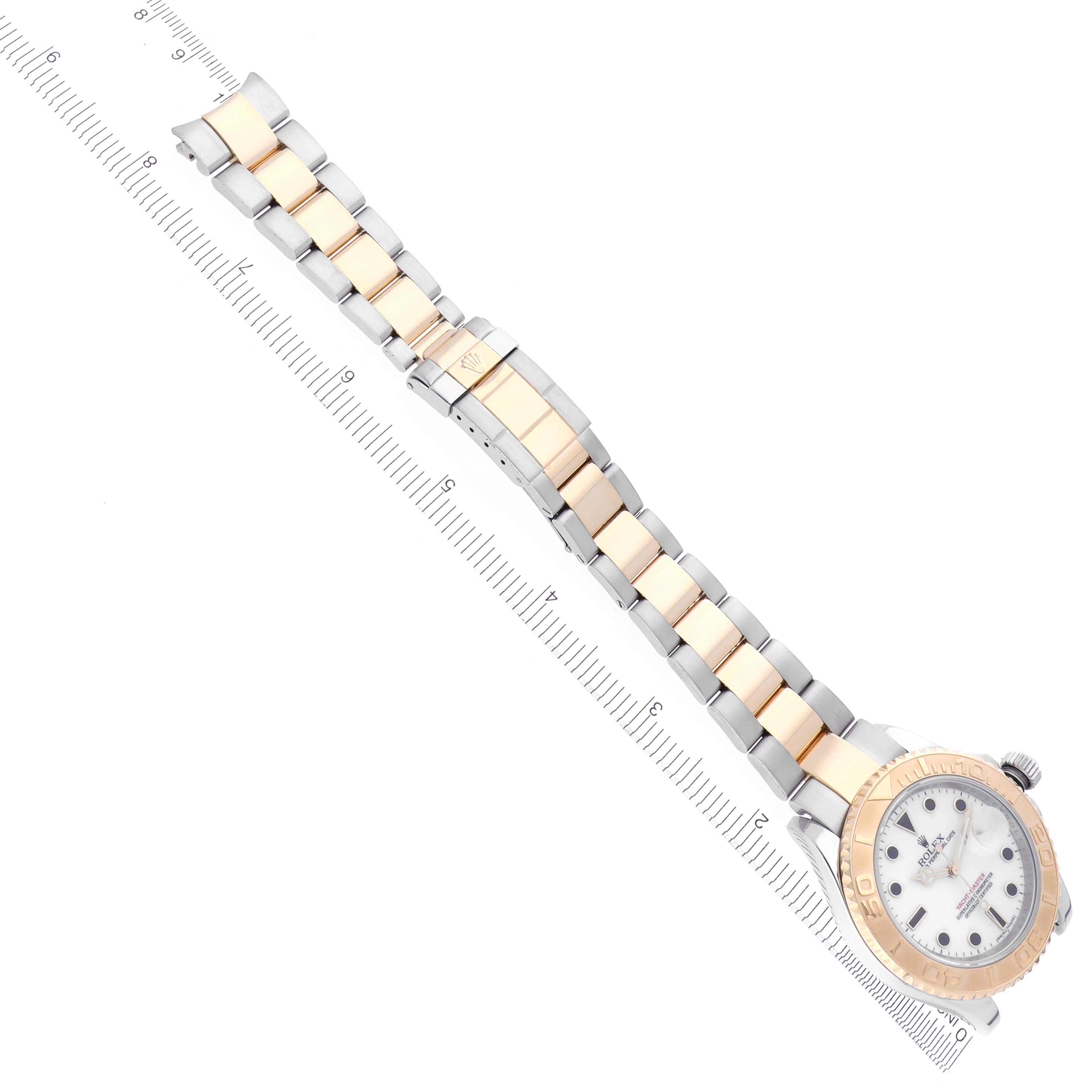 The image shows a side view of the Rolex Yacht-Master 16623 Men's Steel and Gold (two tone) White Dial 16623 Men's Steel and Gold (two tone) White Dial watch, highlighting the two-tone metal bracelet and face.