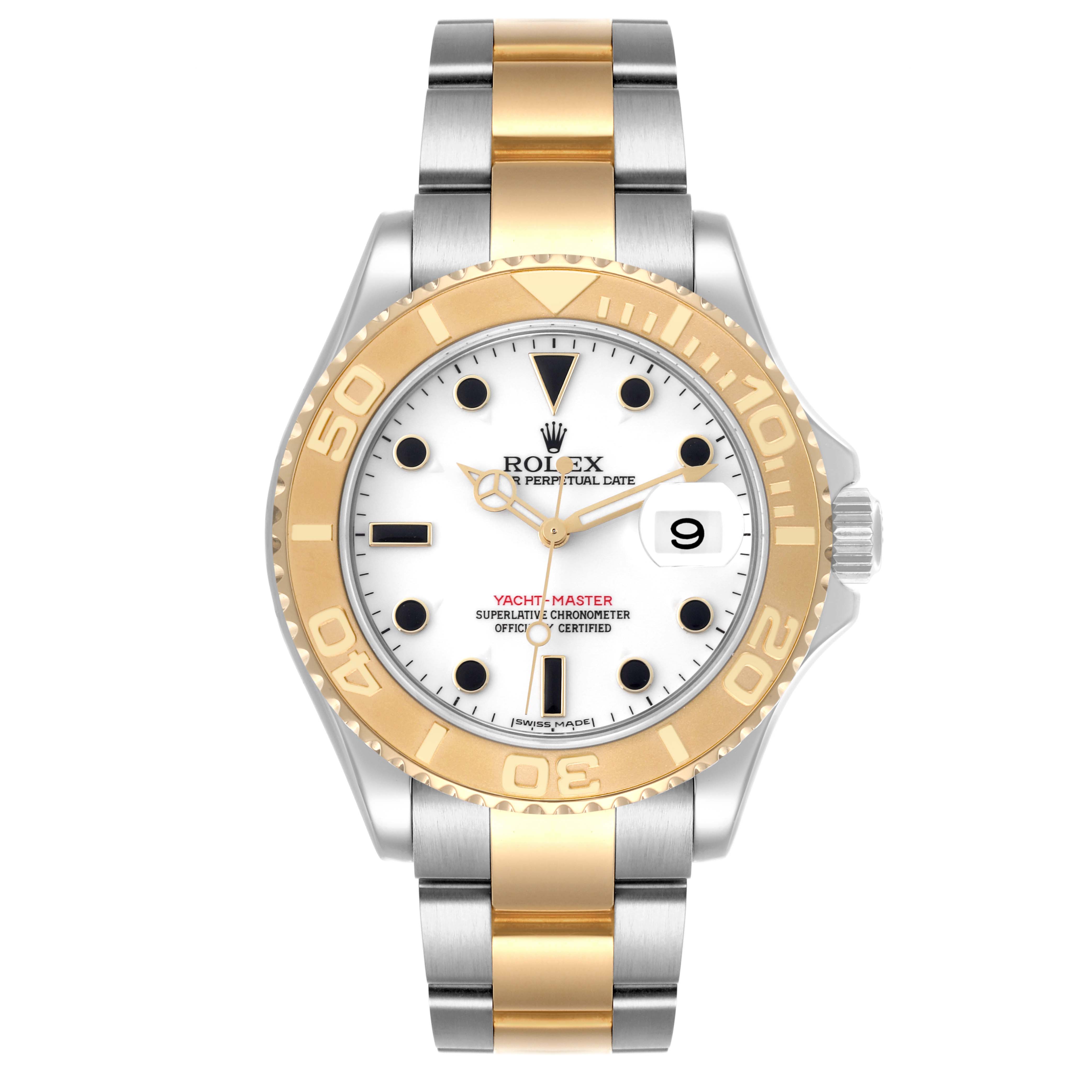 The Rolex Yacht-Master 16623 Men's Steel and Gold (two tone) White Dial 16623 Men's Steel and Gold (two tone) White Dial watch is shown from a top-down angle, displaying the bezel, dial, and bracelet.