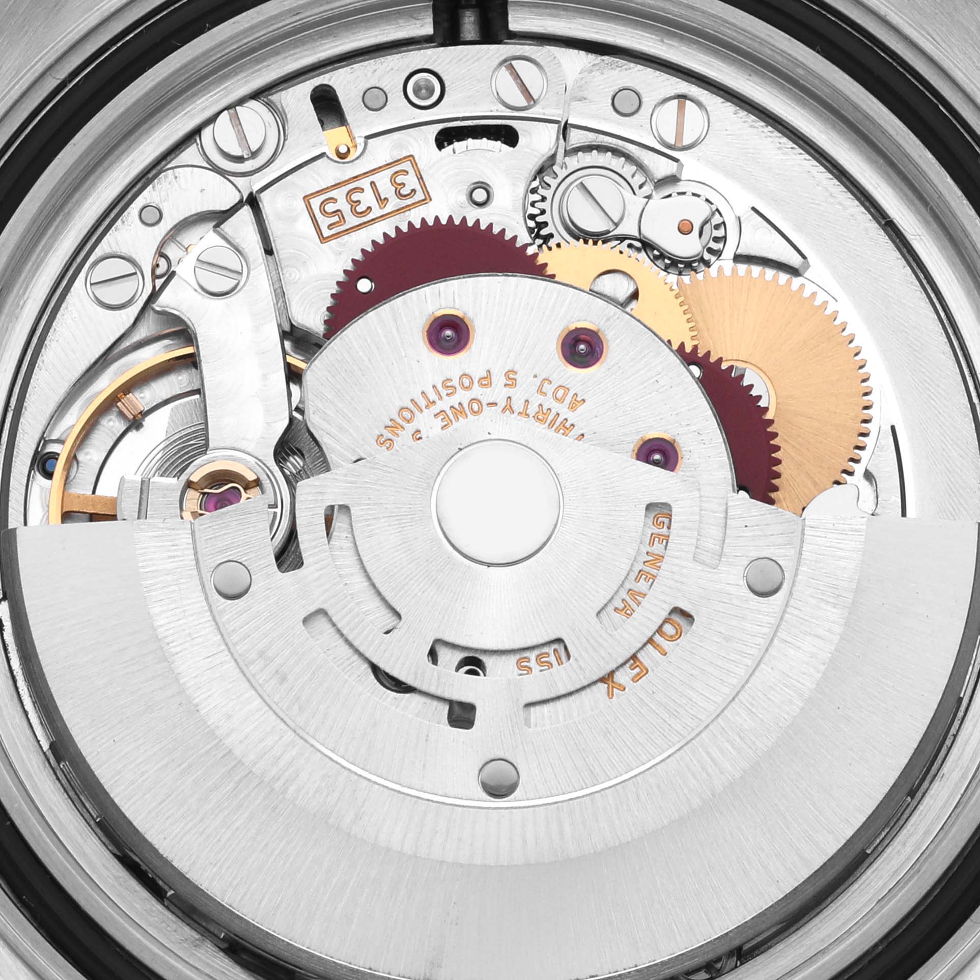 The image shows the movement mechanism of the Rolex Yacht-Master 16623 Men's Steel and Gold (two tone) White Dial 16623 Men's Steel and Gold (two tone) White Dial watch, highlighting gears and intricate internal components.